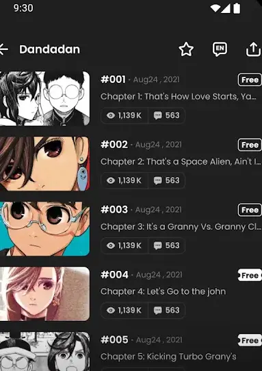 The MANGA Plus Dandadan series page, listing chapters #001 through #005 as rows with a panel thumbnail, chapter title and a Free badge on the right; the first four rows also carry view and comment counts, and the #005 row runs off the bottom of the frame before its counts.