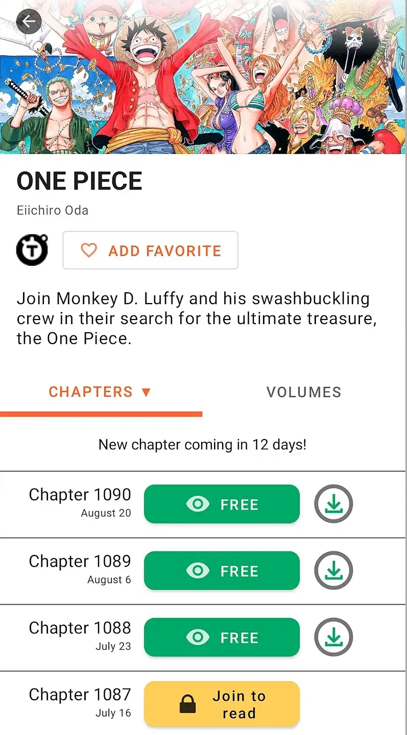 The One Piece series page in Shonen Jump, where the three newest chapters, 1090, 1089 and 1088, are each marked FREE with a download-arrow button beside them, and the next chapter down, 1087, is locked behind a Join to read button.