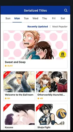The K MANGA Serialized Titles screen with Sun through Sat day tabs and Monday selected, a Recently Updated and Most Popular toggle, a large Sweat and Soap card carrying a yellow Points badge, and beneath it cards for Welcome to the Ballroom and Otherworldly Munchki... each flagged with a red UP corner, with a further row of UP-flagged cards cut off at the bottom of the frame.