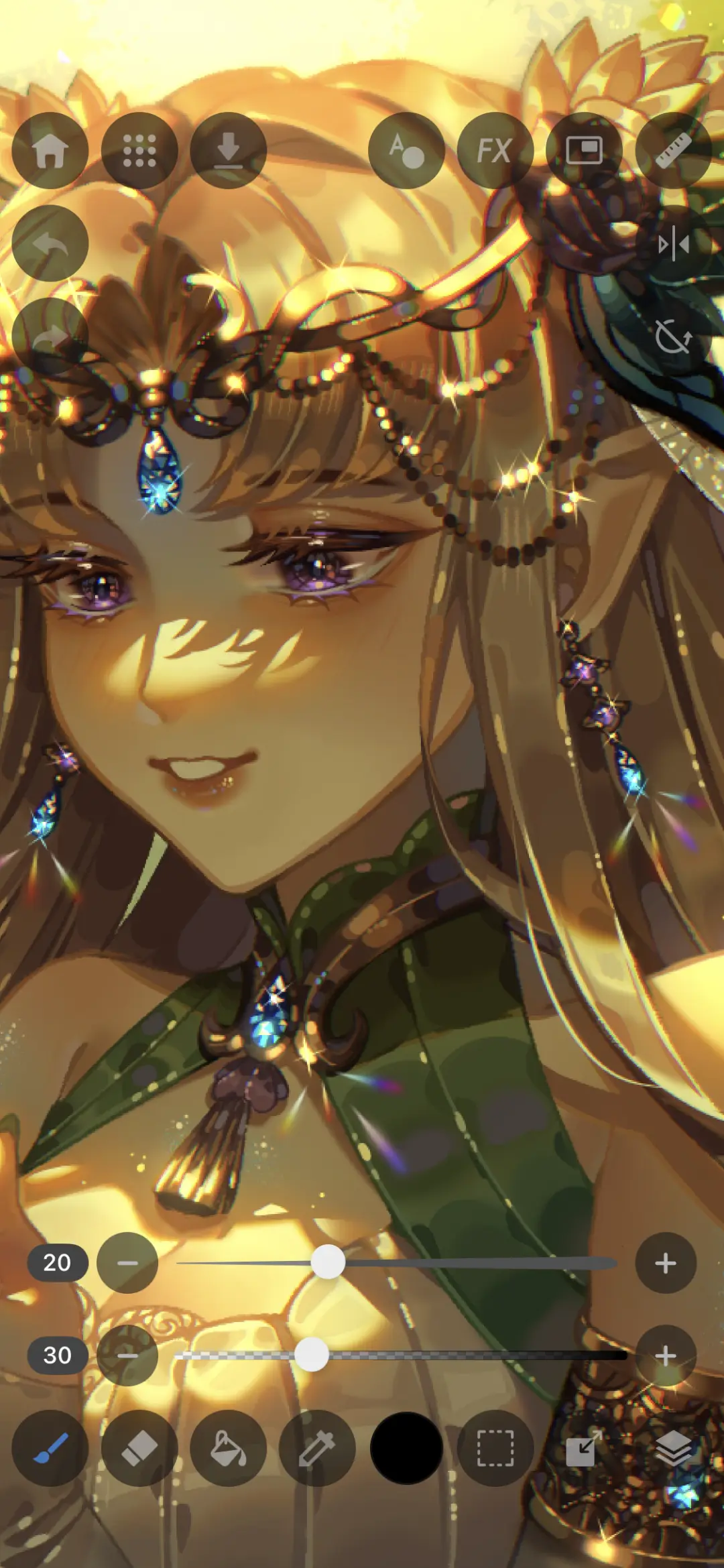 Drawing canvas with a golden anime character, circular tool buttons across the top and two brush size and opacity sliders at the bottom