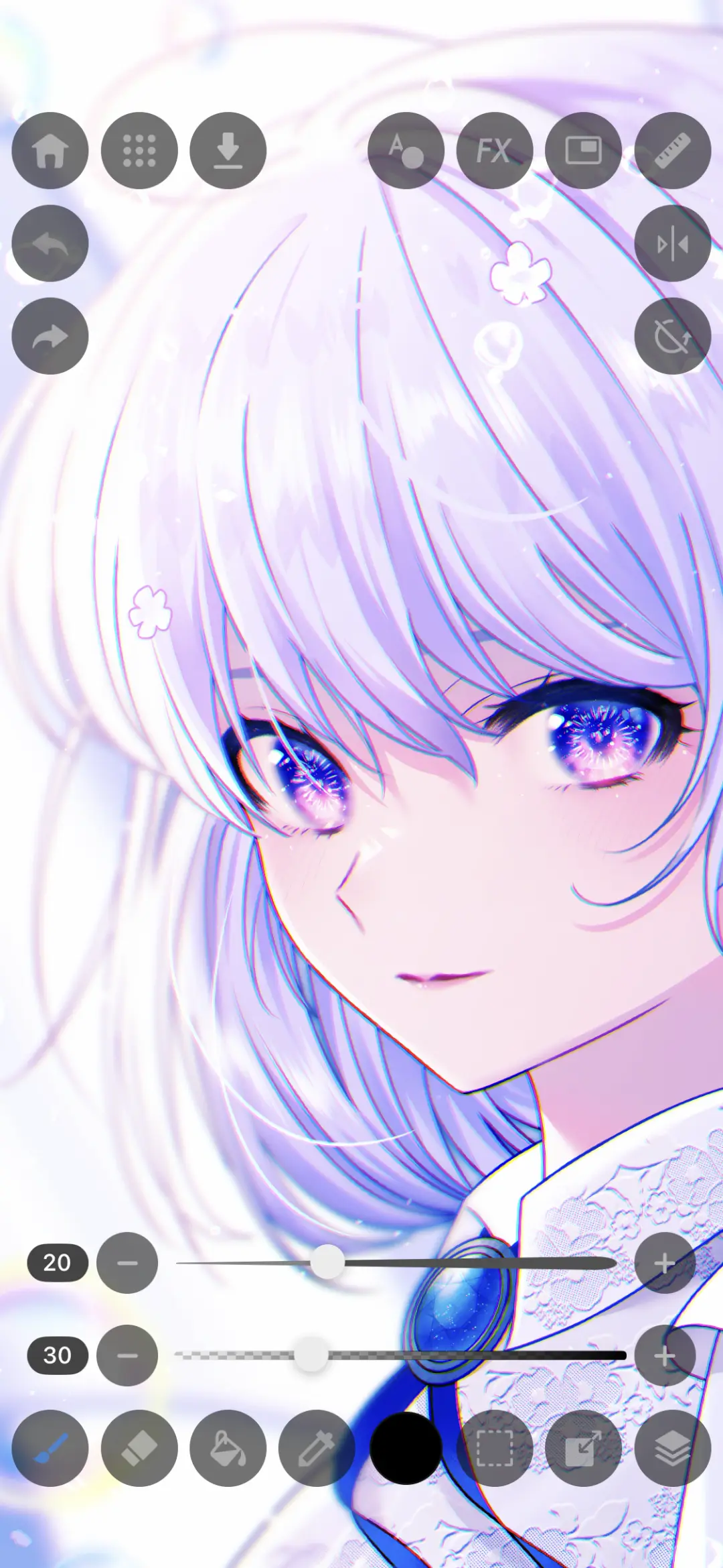 Editor canvas showing a white-haired anime character, with undo, redo, flip and FX tool buttons and the brush sliders in view