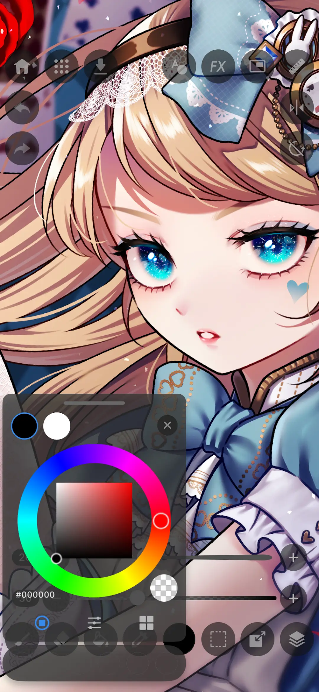 Color picker panel open over the canvas, showing a hue ring, saturation square, swatches and the hex value 000000