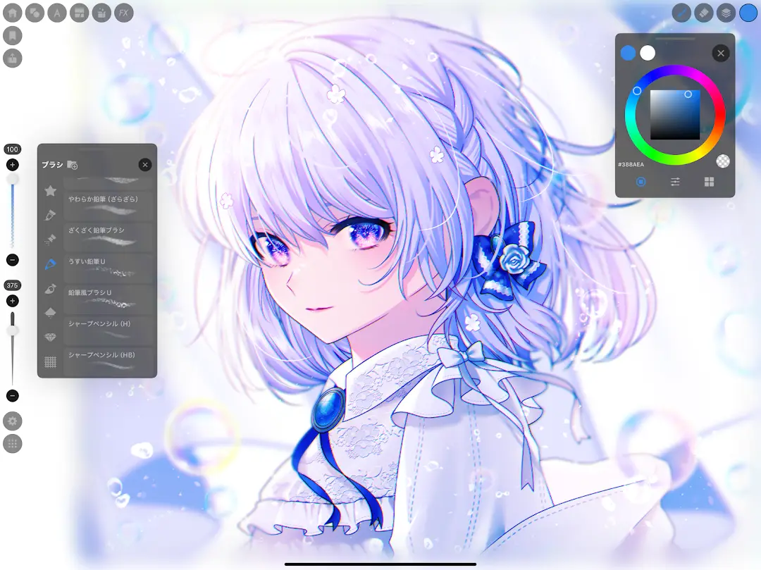 Landscape tablet layout of the editor with a docked brush list on the left, tool column and a floating colour wheel at top right