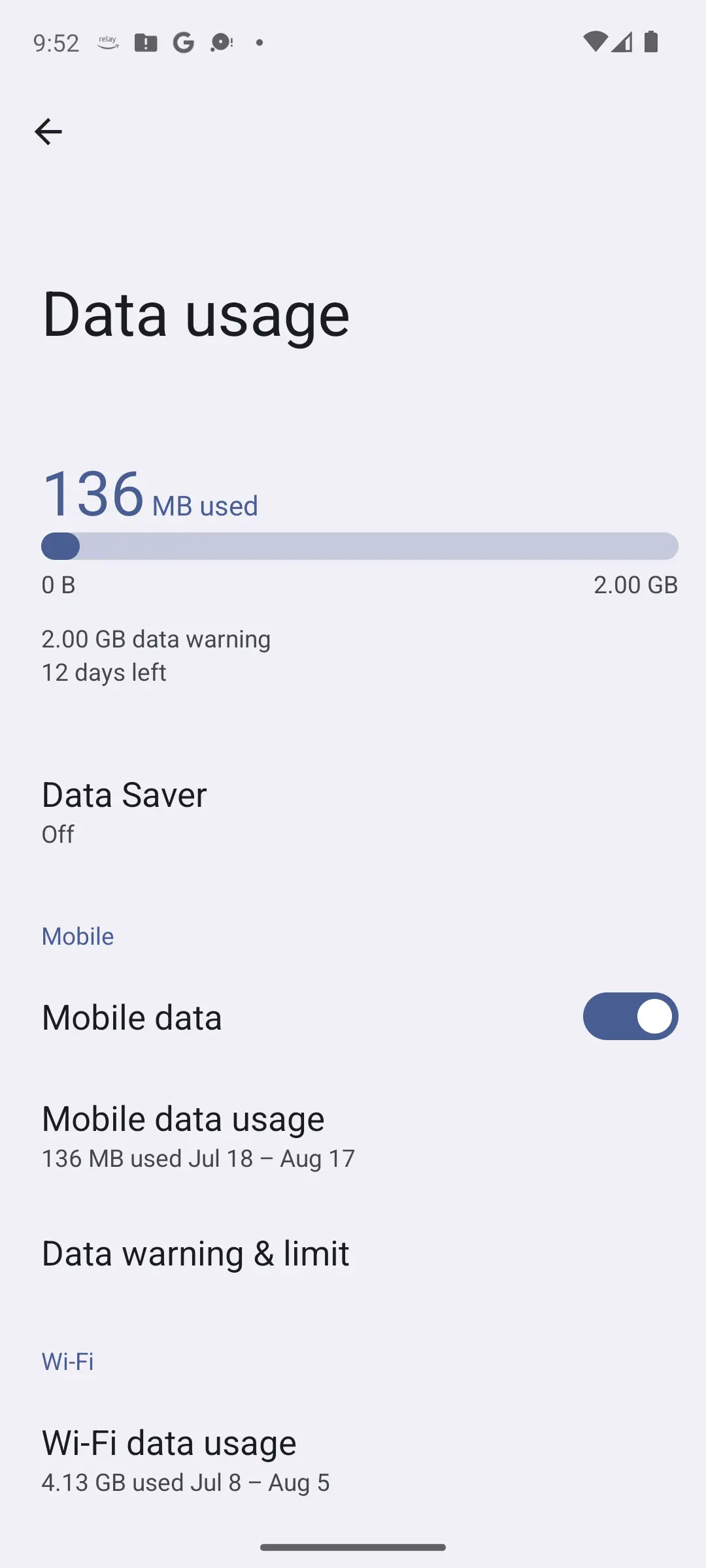 Android Data usage screen showing 136 MB used against a 2.00 GB warning, Data Saver off, and the Mobile data toggle switched on