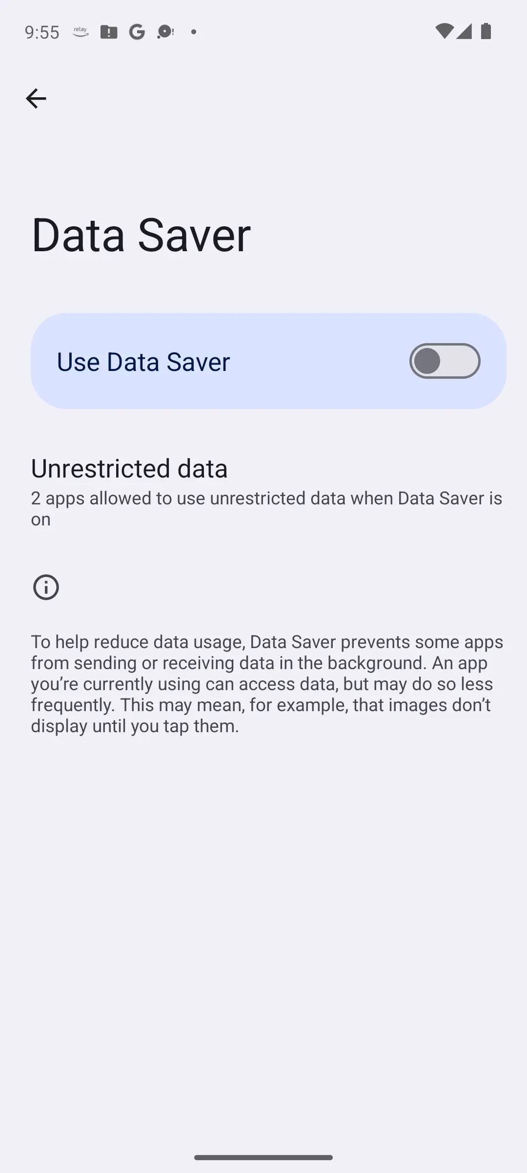 Android Data Saver settings with the Use Data Saver toggle off and an Unrestricted data row listing 2 allowed apps