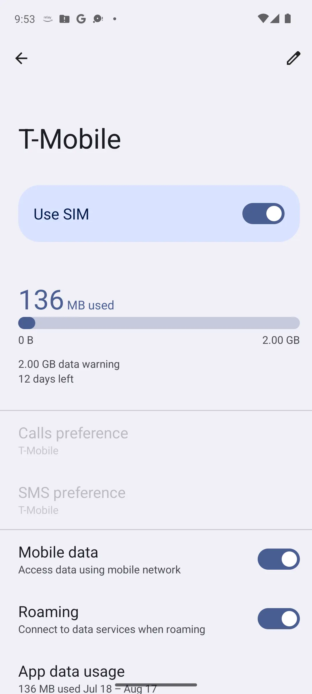 SIM settings for a mobile line with Use SIM on and separate Mobile data and Roaming toggles both enabled below the data usage bar