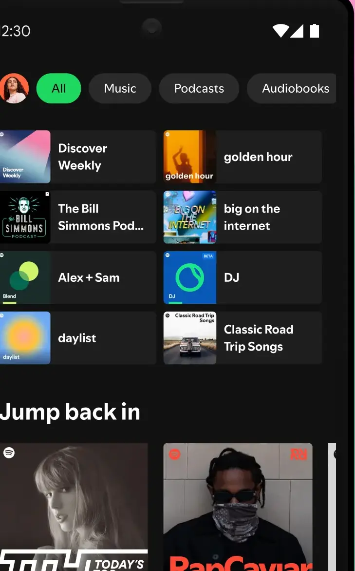 The Spotify home screen with All, Music, Podcasts and Audiobooks filter chips above Discover Weekly, a daylist and a Jump back in row