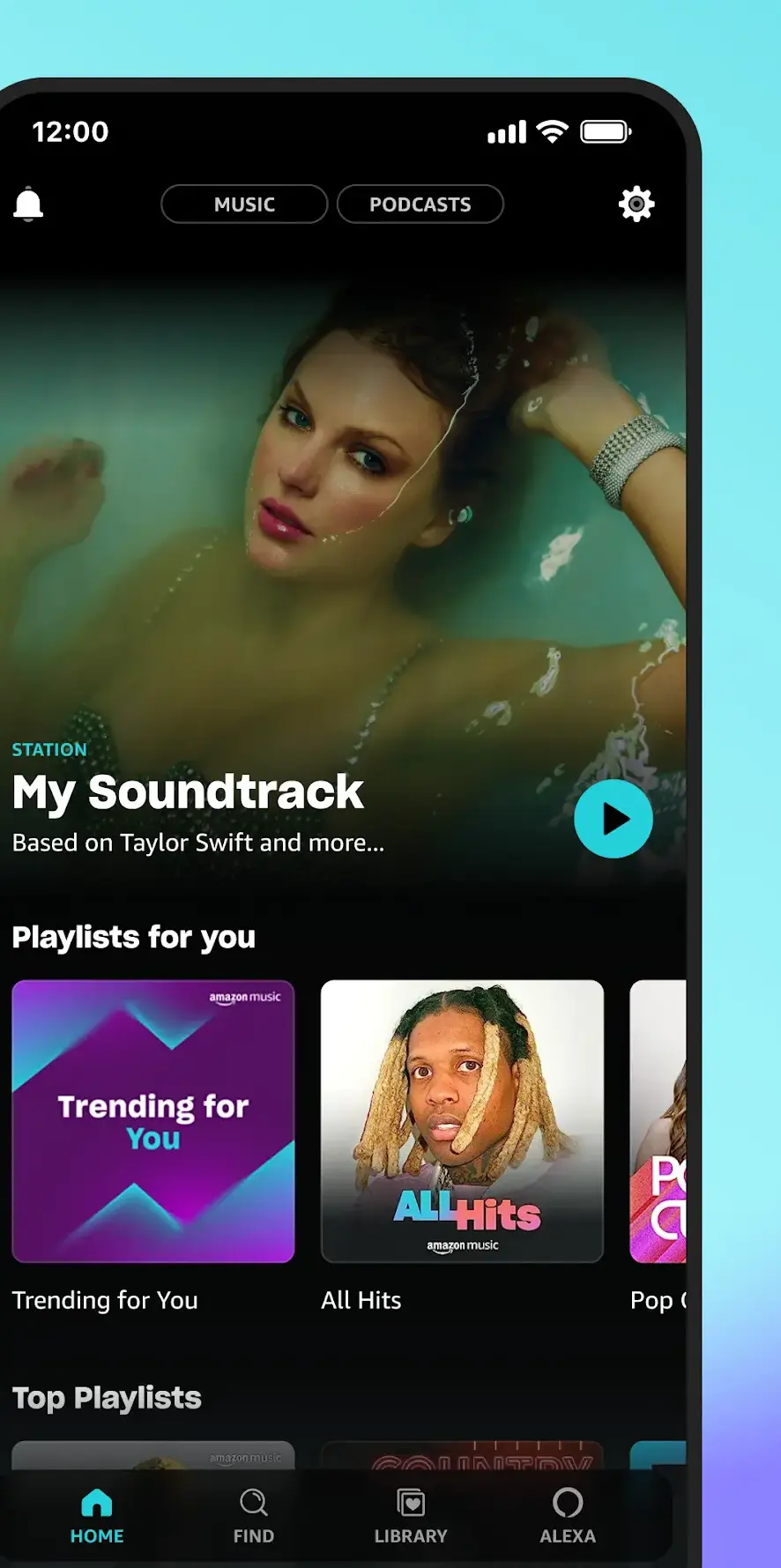 The Amazon Music home screen with Music and Podcasts tabs, a My Soundtrack station, Playlists for you and Top playlists