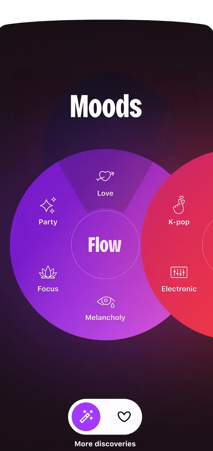 The Deezer Moods screen with Flow at the centre of overlapping mood circles labelled Party, Love, K-pop, Electronic, Melancholy and Focus