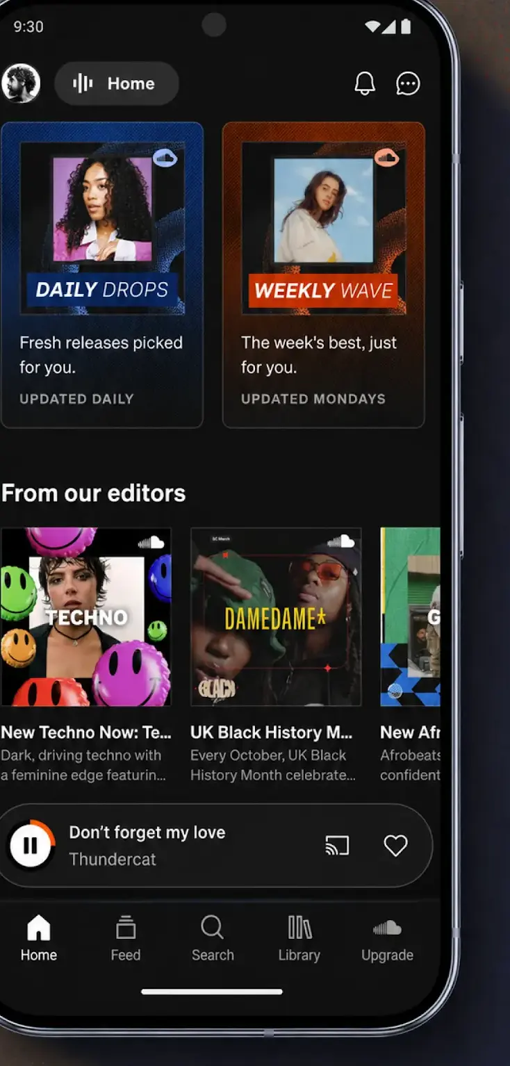 The SoundCloud home screen with Daily Drops and Weekly Wave cards above a From our editors row of mixes
