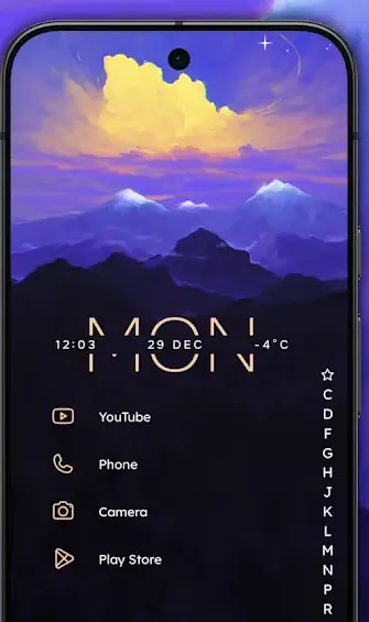 Phone home screen with mountain wallpaper, large MON label, 12:03, 29 DEC, -4°C, app list of YouTube, Phone, Camera, Play Store, and A-Z index bar.