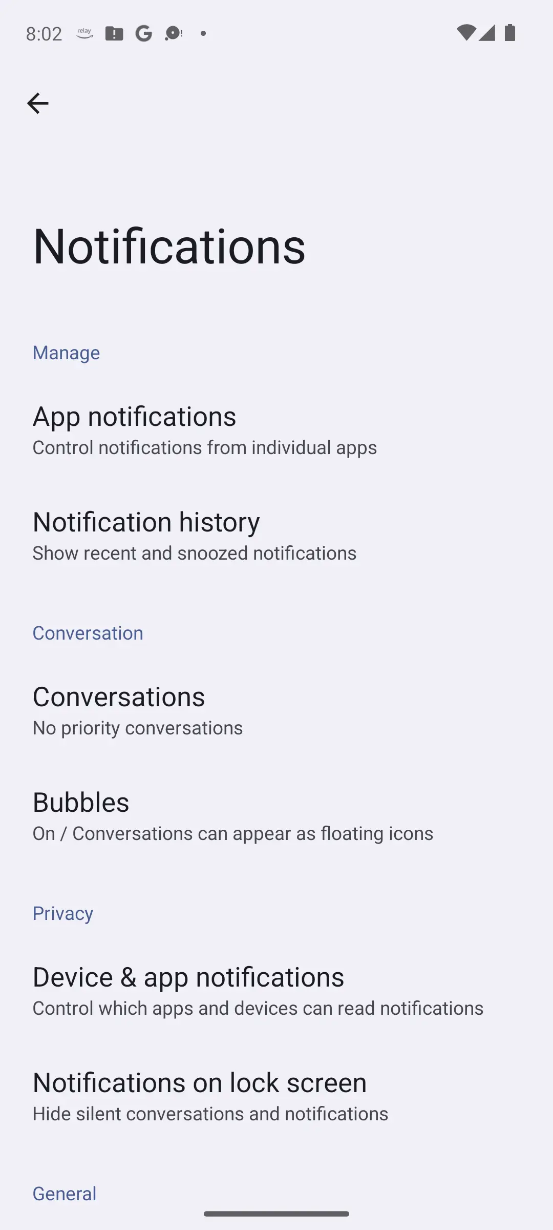 Android 14 Notifications settings showing App notifications, Notification history, Conversations, Bubbles and lock screen options