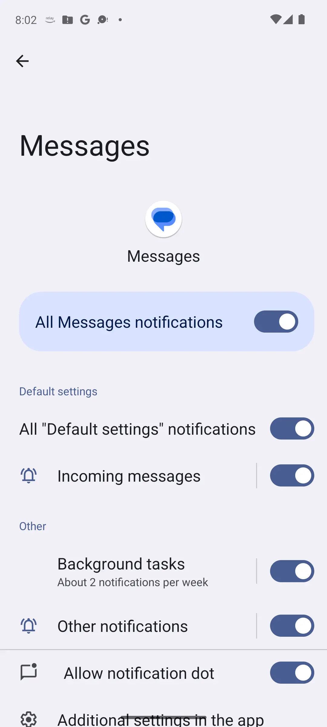 Google Messages notification settings with the master toggle on and separate switches for incoming messages and other channels