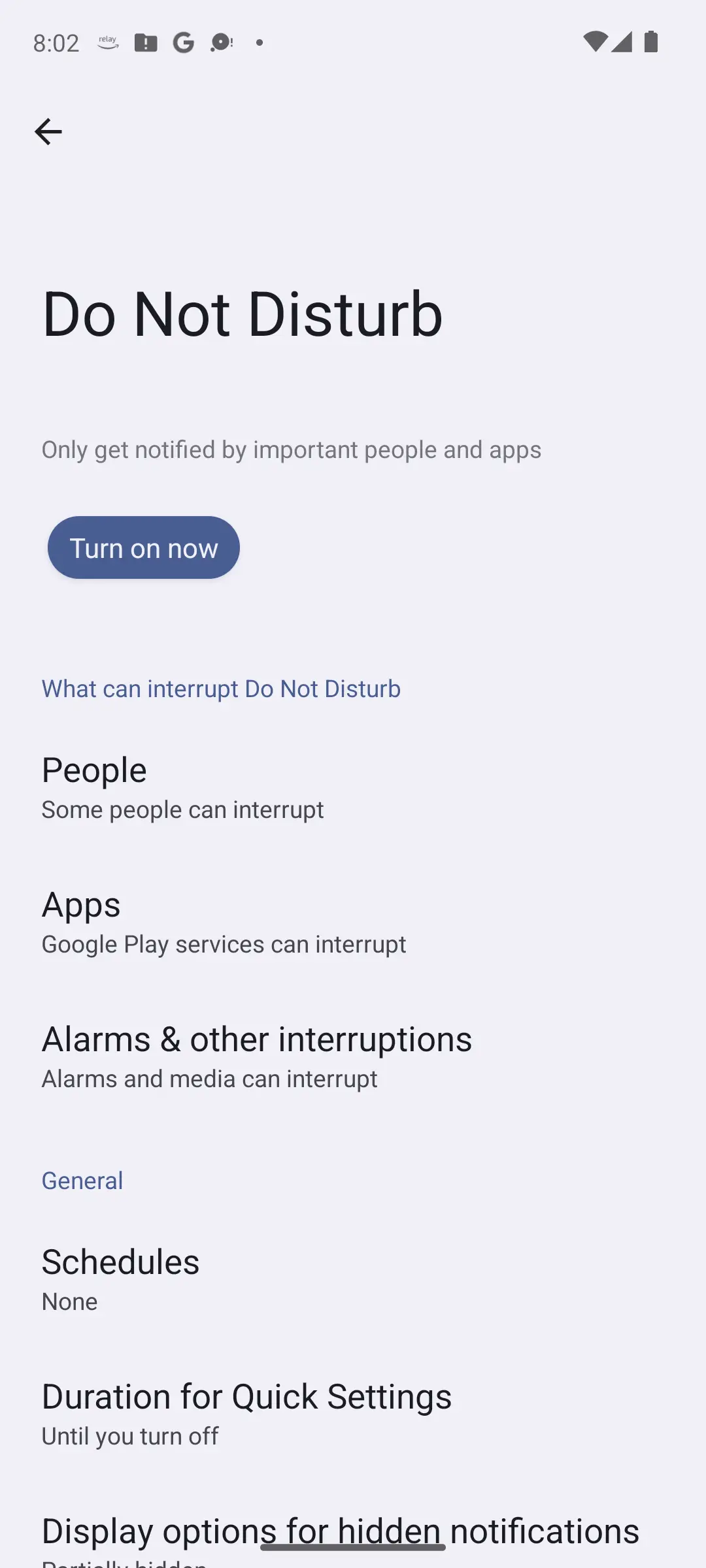 Android 14 Do Not Disturb settings with Turn on now, interruption exceptions for people and apps, and no schedule set