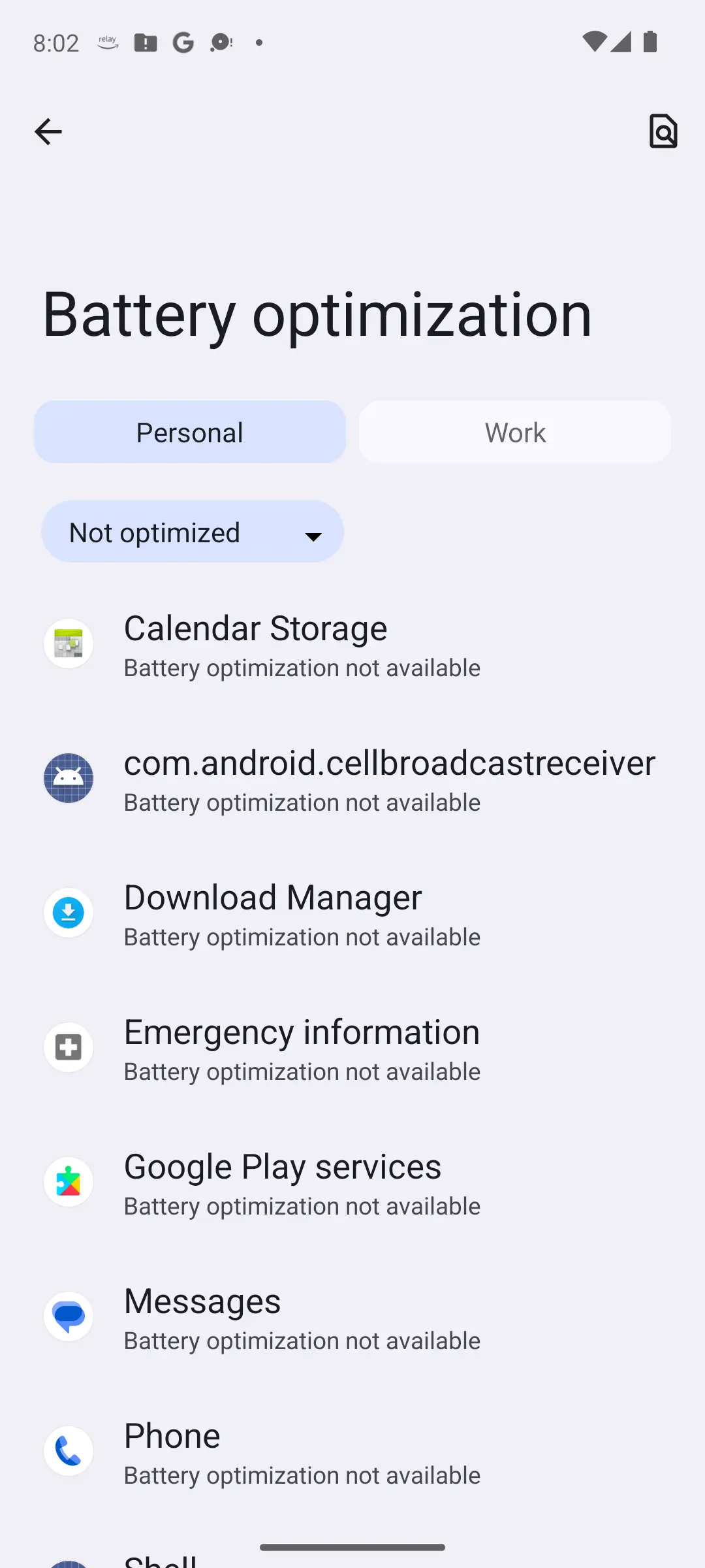 Android 14 Battery optimization screen filtered to Not optimized, listing the apps exempt from background battery limits