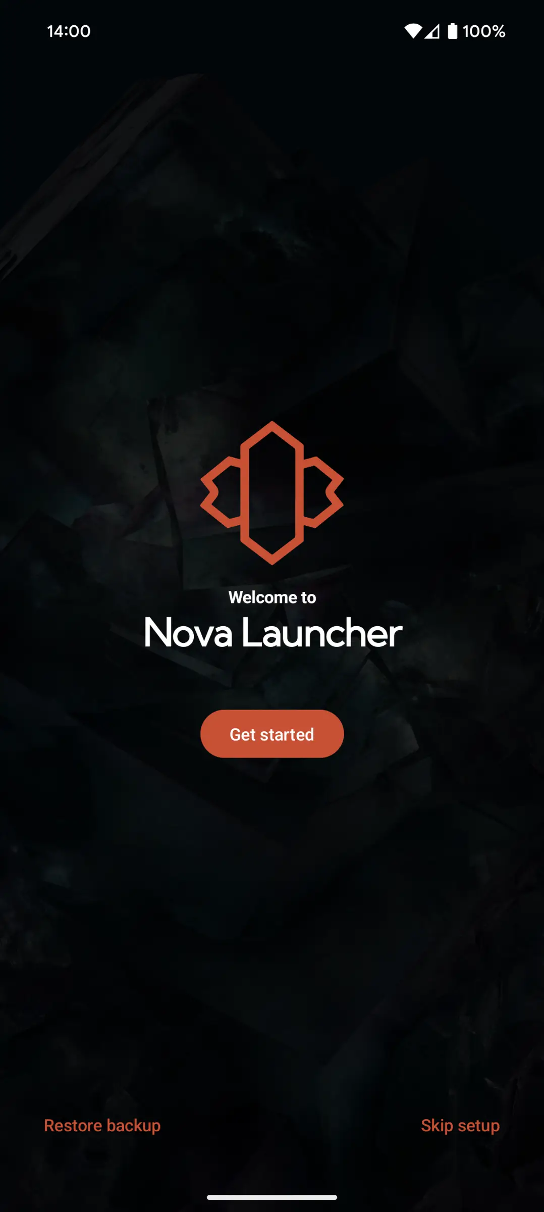 Nova Launcher welcome setup screen with logo, Get started button and Restore backup and Skip setup links