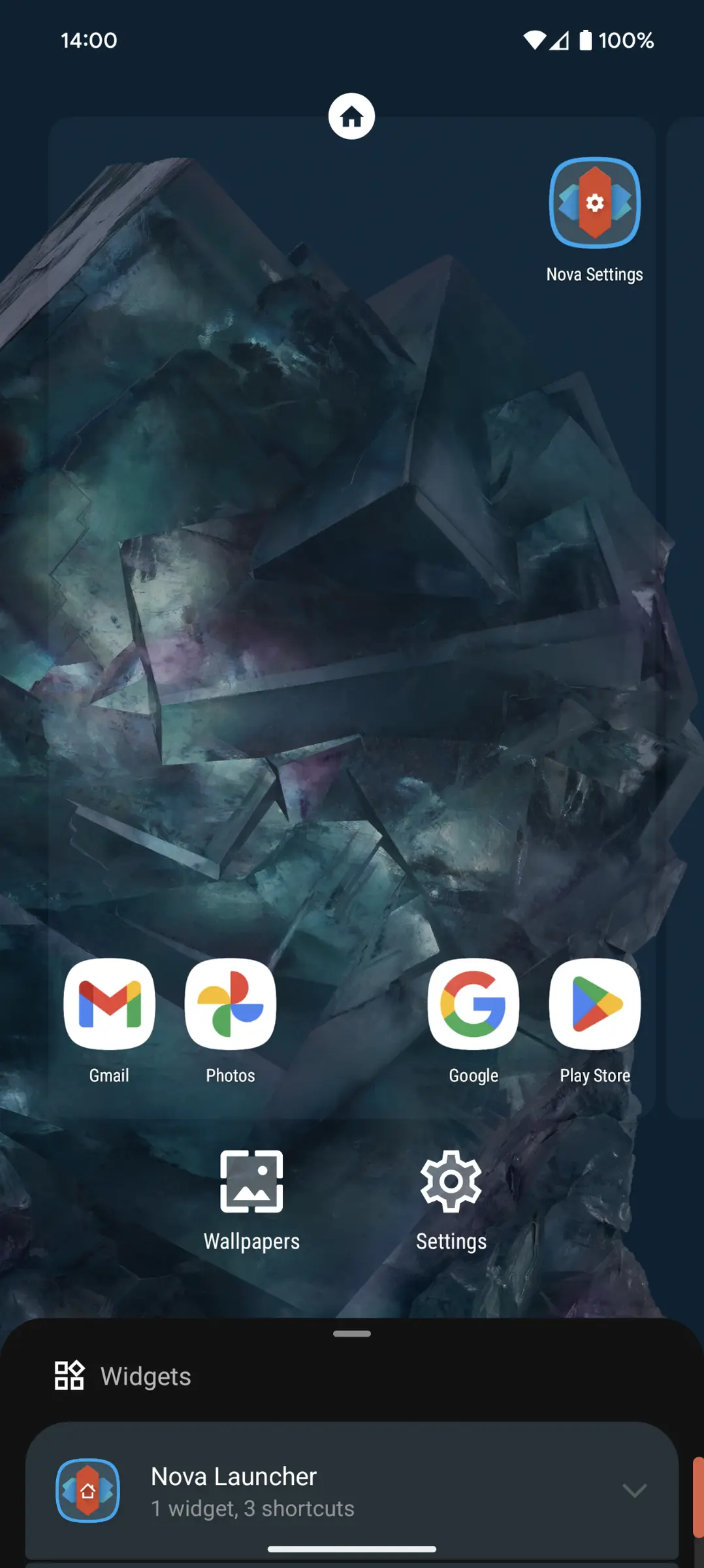 Home screen with app icons and the widget picker sheet open showing Nova Launcher with 1 widget and 3 shortcuts