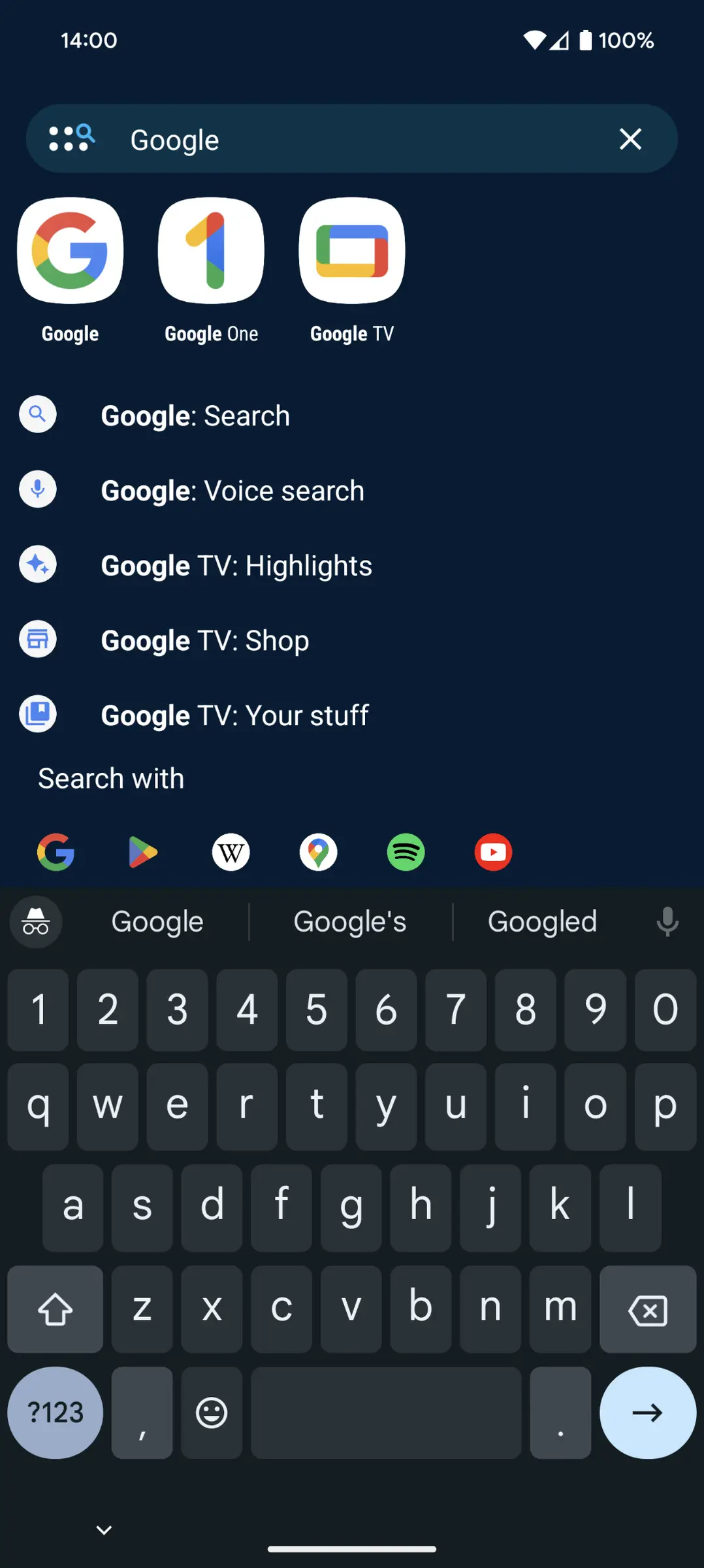 Nova search overlay with the query Google, matching app icons, result rows and a Search with provider row above the keyboard