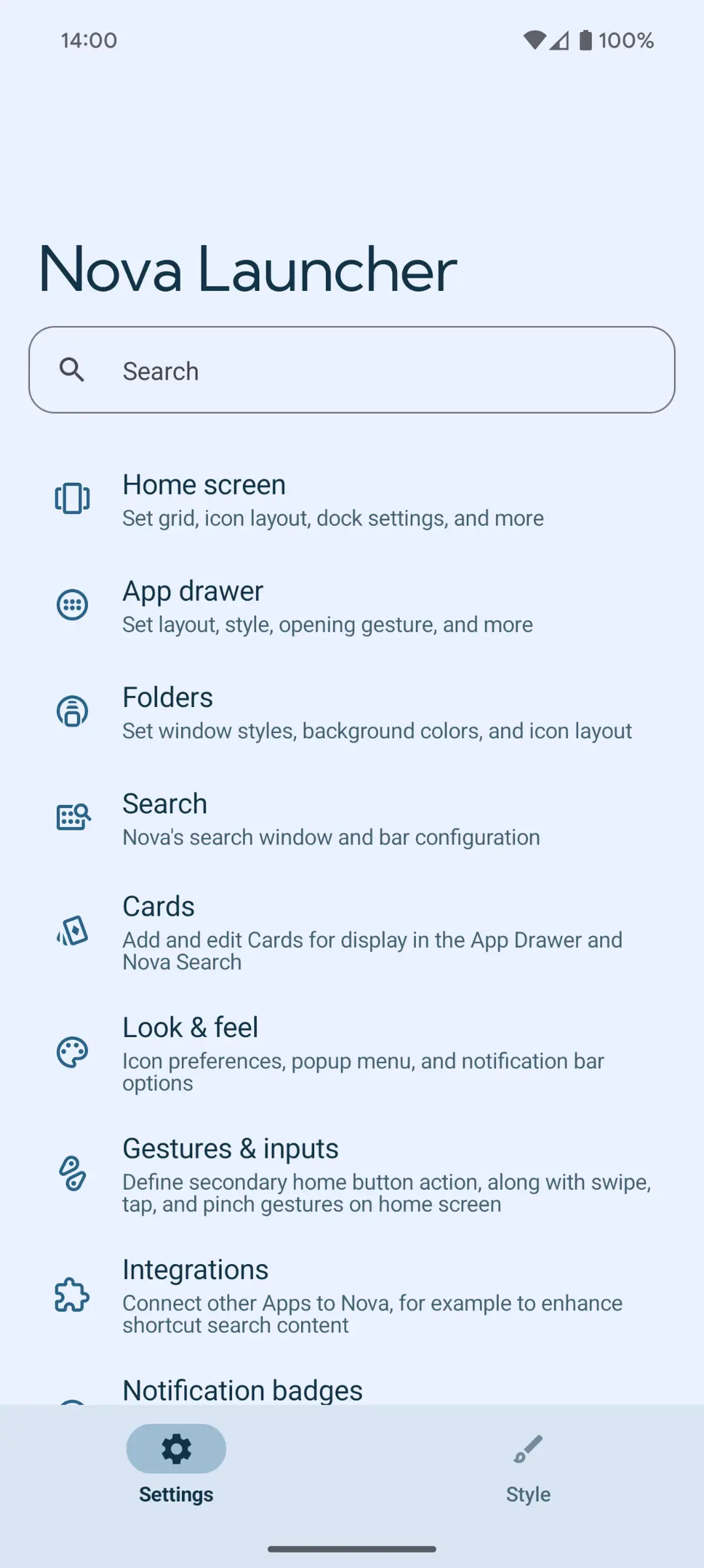 Nova Launcher settings list with entries for Home screen, App drawer, Folders, Search, Cards, Look and feel and Gestures