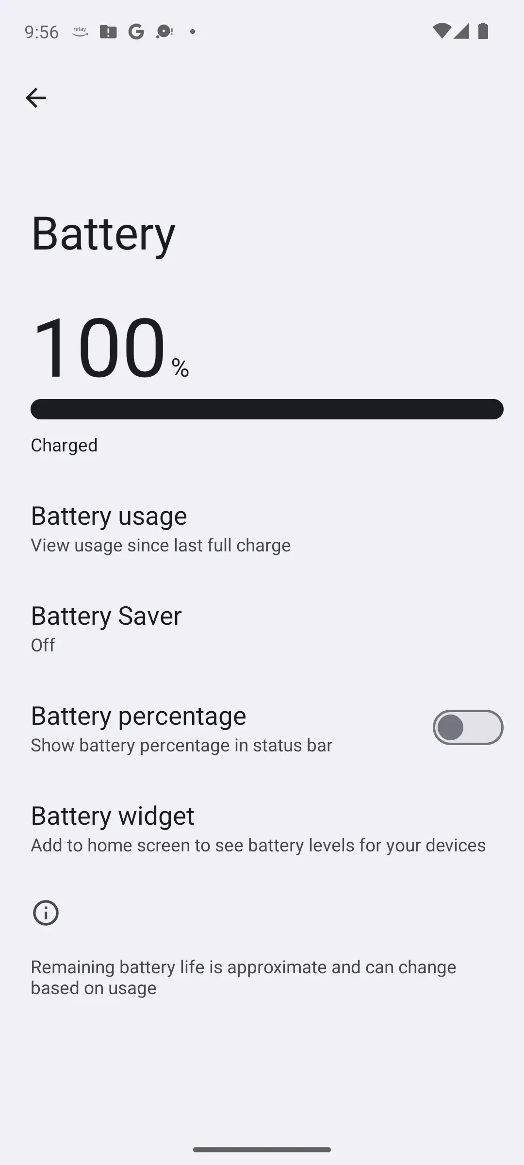 Android Battery settings showing 100 percent charged, with Battery usage, Battery Saver set to off, Battery percentage and Battery widget rows