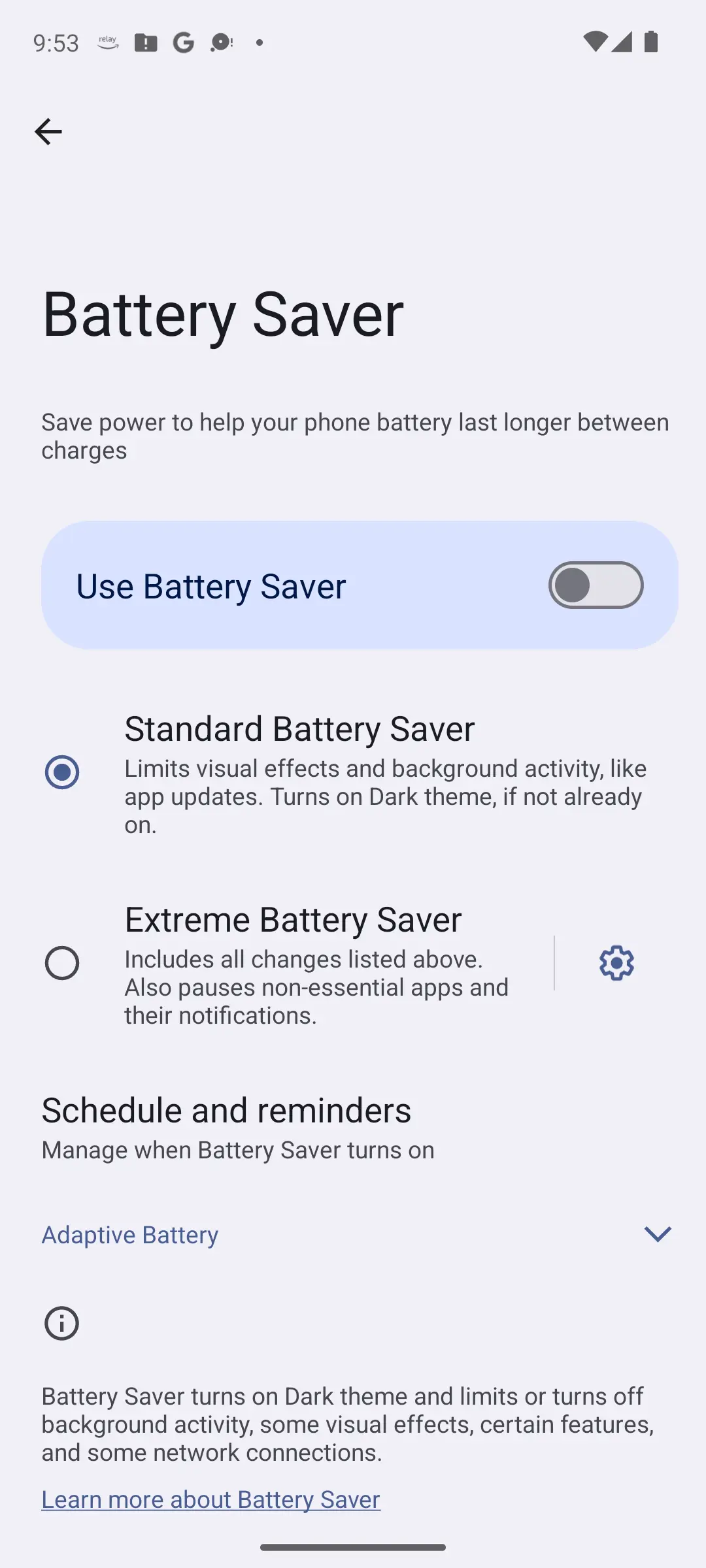 Android Battery Saver screen with the toggle off, Standard Battery Saver selected, an Extreme Battery Saver option and Schedule and reminders