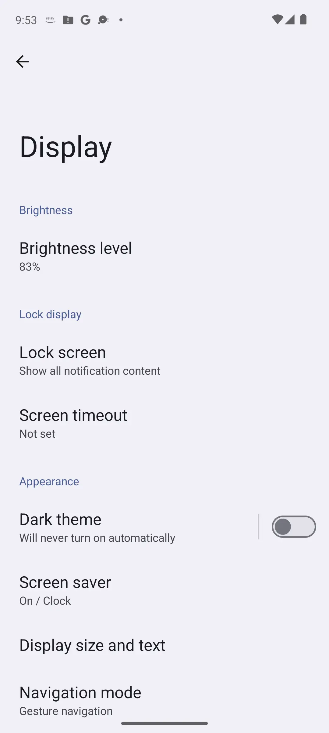 Android Display settings with Brightness level at 83 percent, Lock screen, Screen timeout, Dark theme toggle and Screen saver rows