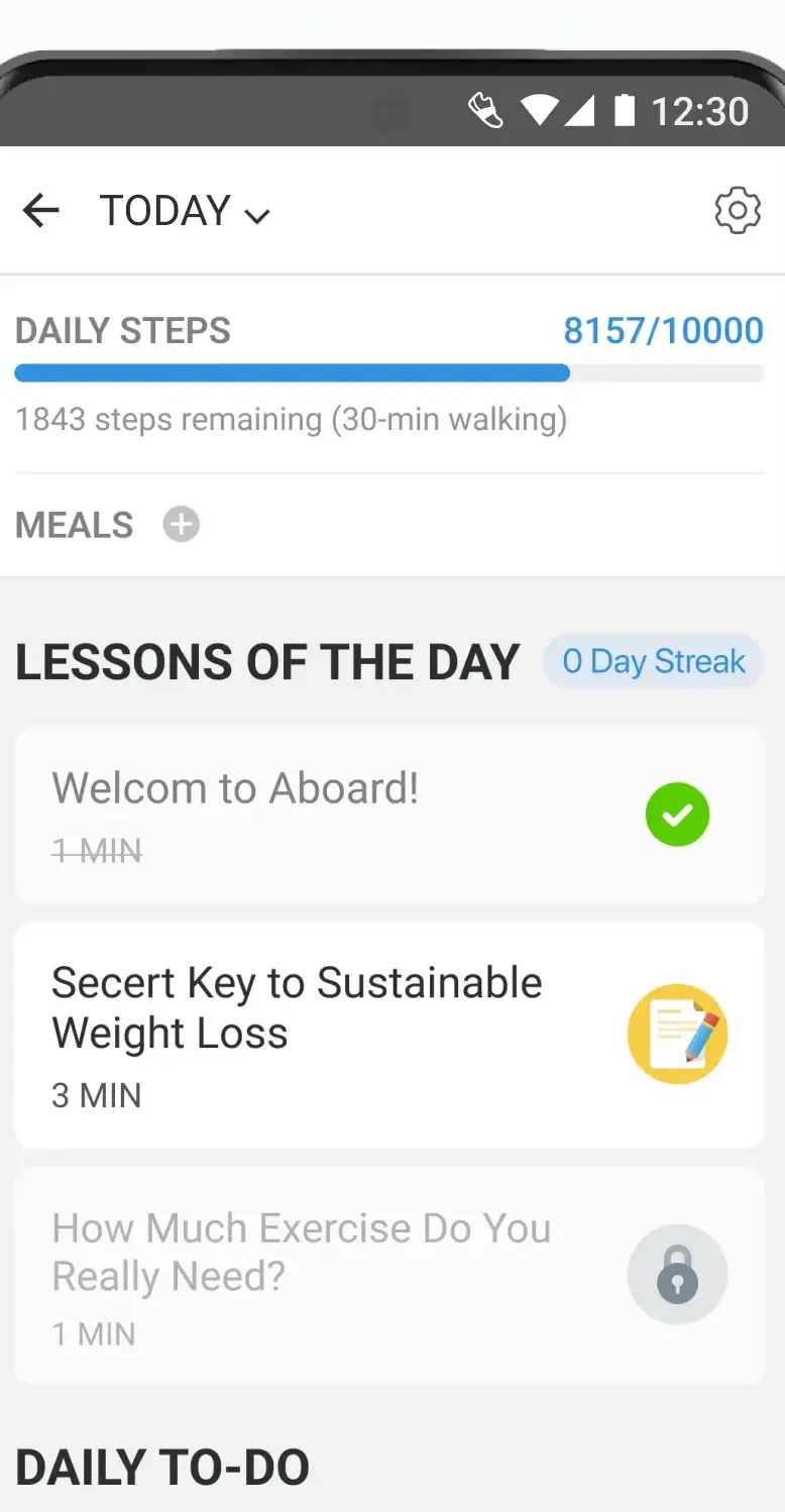 The Pacer today screen showing 8,157 of 10,000 daily steps with 1,843 remaining, described as about thirty minutes of walking, above meals and lessons of the day
