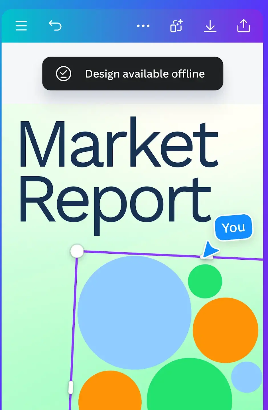 The Canva editor shows a design canvas headed "Market Report" above a cluster of blue, green and orange circles, with a black toast reading "Design available offline" across the top of the canvas, a purple selection box with round handles around the circles, and a blue pointer labeled "You"; the toolbar above carries menu, undo, more, download and share icons.