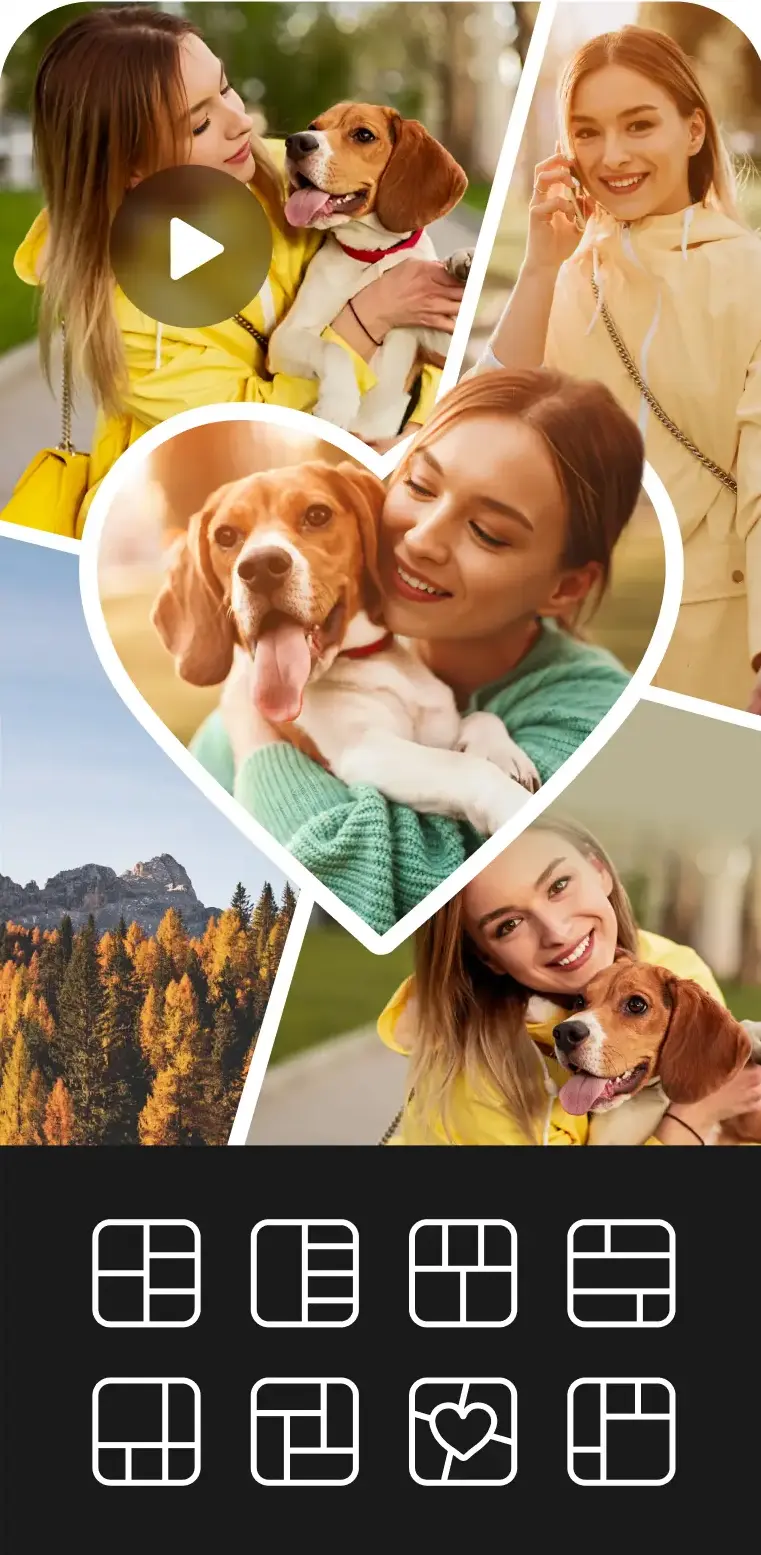 The PhotoGrid collage editor with a multi-photo canvas built around a heart-shaped cutout frame, one cell carrying a video play badge, and a dark tray along the bottom offering eight selectable layout presets, one of them a heart cutout.