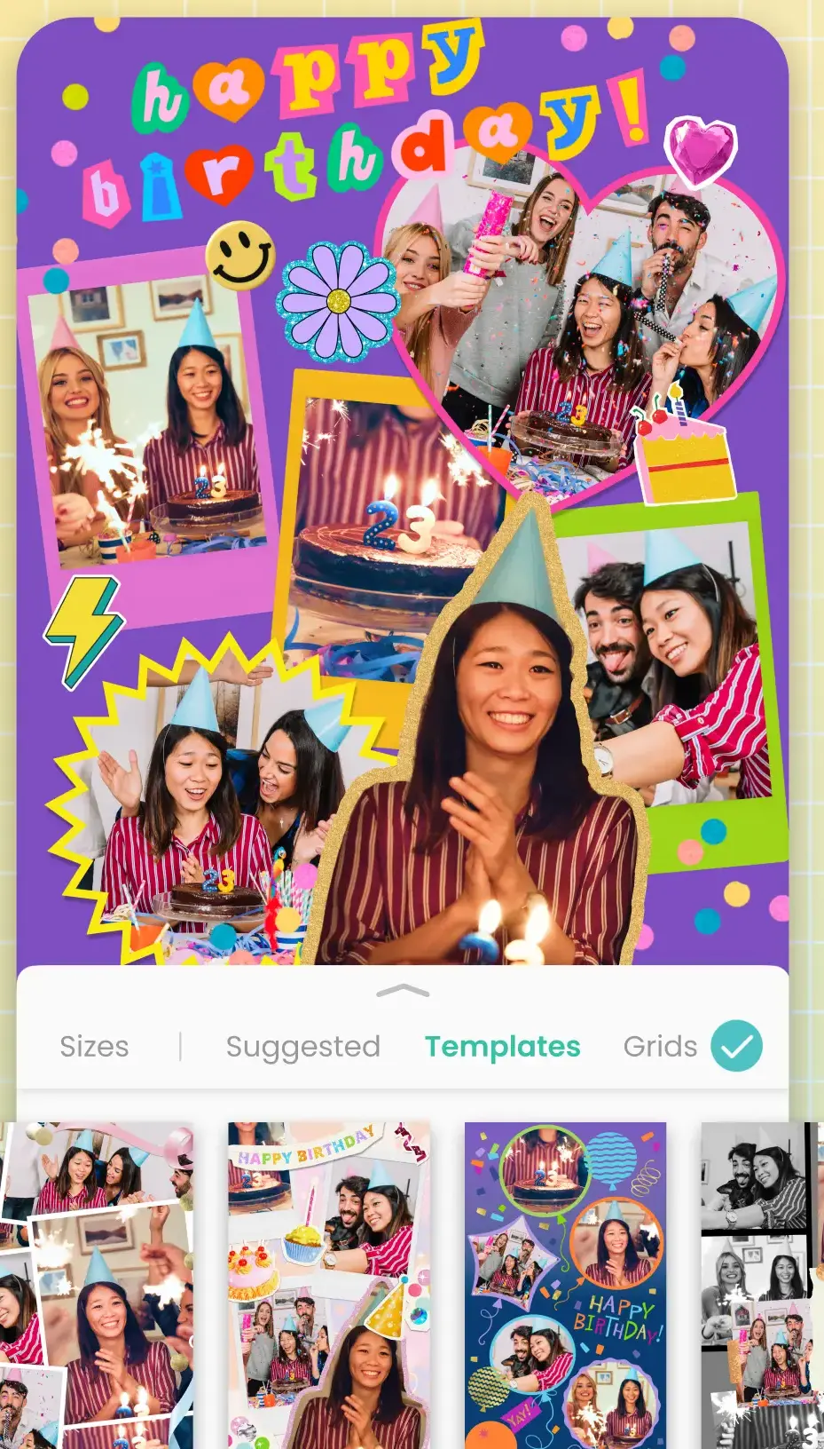 The PicCollage editing canvas shows a purple birthday collage of tilted, overlapping photos and cutouts layered with lettering and stickers, above a drawer open on the Templates tab beside Sizes, Suggested and Grids.