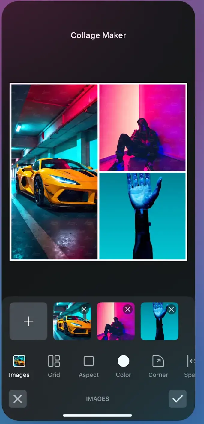 A collage editor headed "Collage Maker" shows three photos arranged in a white-bordered grid, a strip below holding an add button and thumbnails of the same three images, and a dark toolbar offering Images, Grid, Aspect, Color and Corner, with a sixth label running off the right edge.