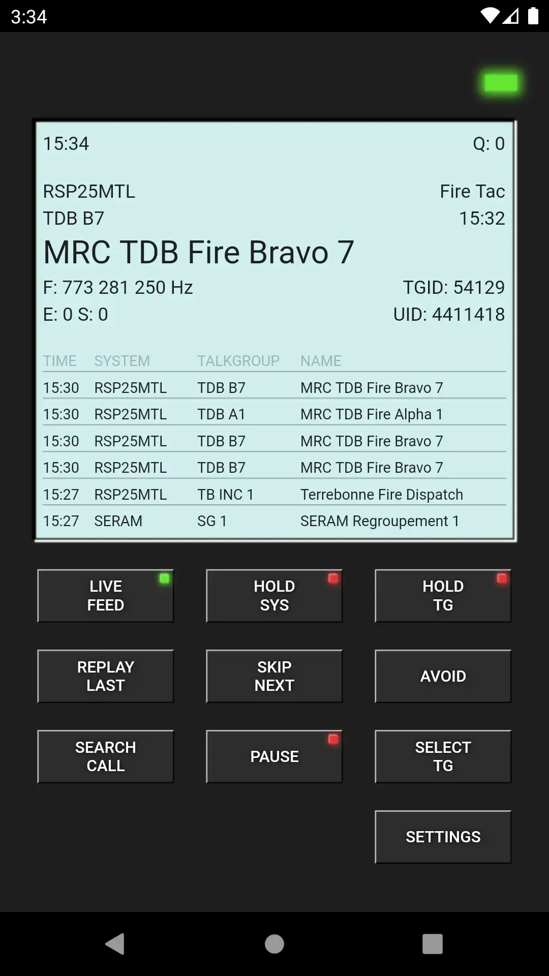 Rdio Scanner in live feed mode, its display holding the last call on system RSP25MTL, talkgroup TDB B7 at 773.281250 MHz, above a log of six recent calls from the RSP25MTL and SERAM systems and a grid of controls including Live Feed, Hold Sys, Replay Last, Avoid and Select TG.