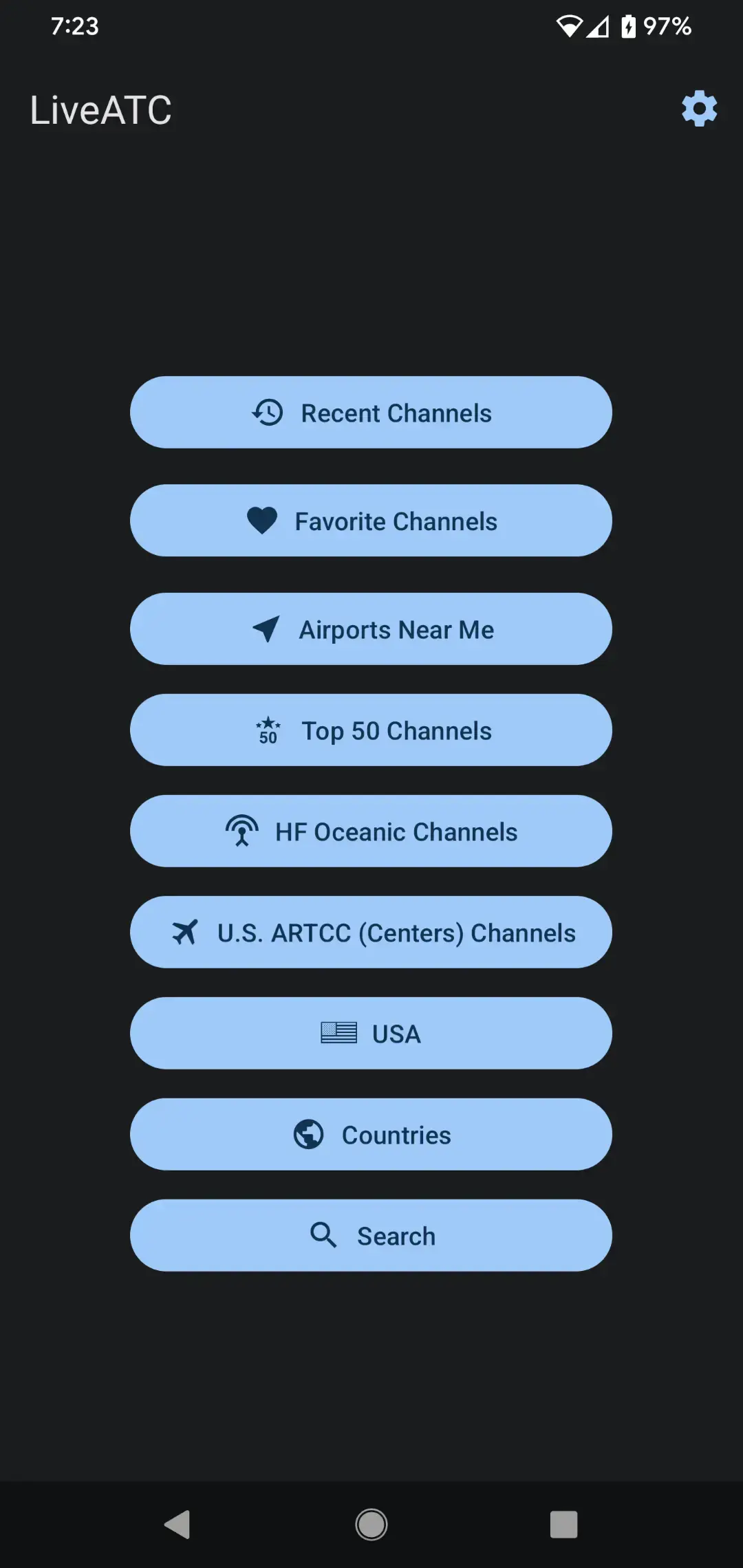 The LiveATC main menu on a dark screen, listing tappable entries for Recent Channels, Favorite Channels, Airports Near Me, Top 50 Channels, HF Oceanic Channels, U.S. ARTCC (Centers) Channels, USA, Countries and Search.