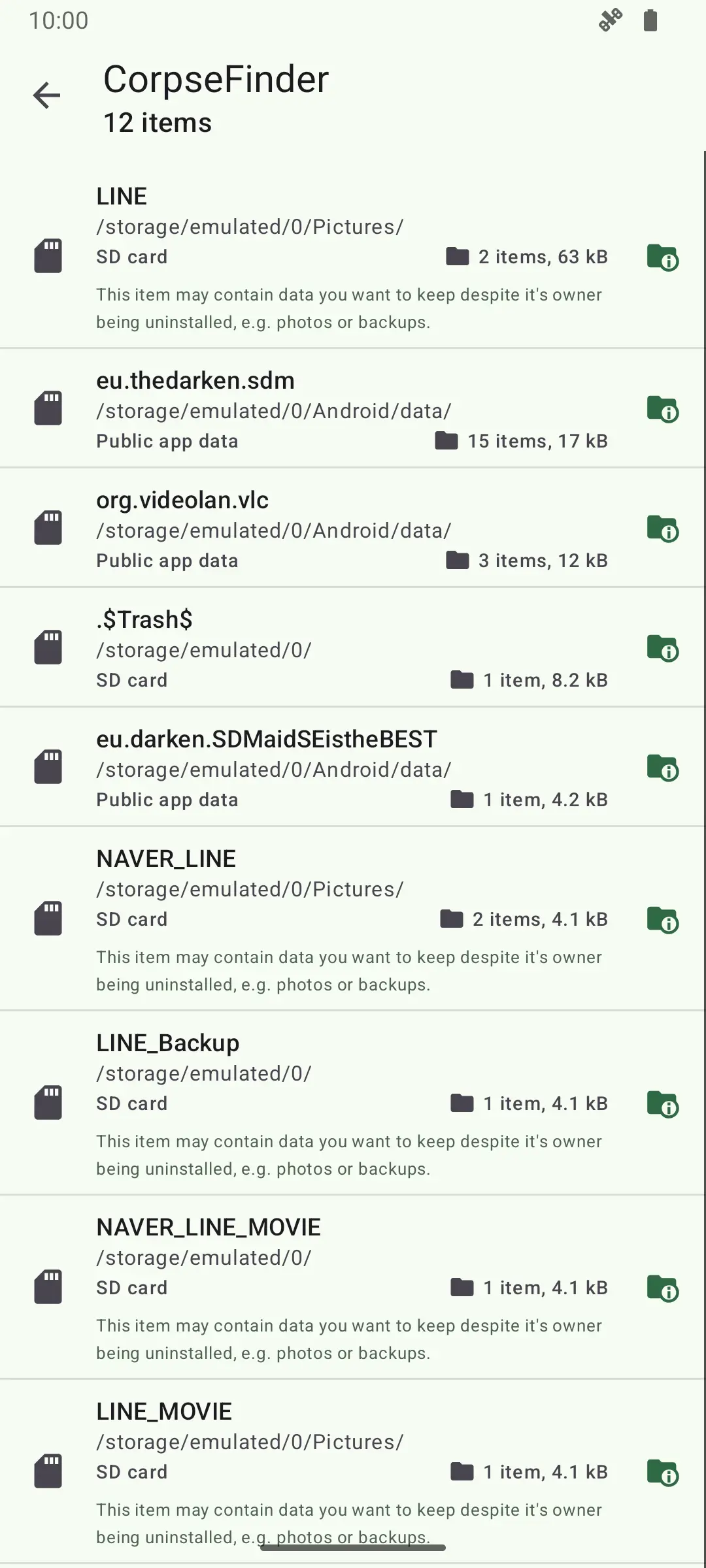 SD Maid SE CorpseFinder listing leftover folders from uninstalled apps