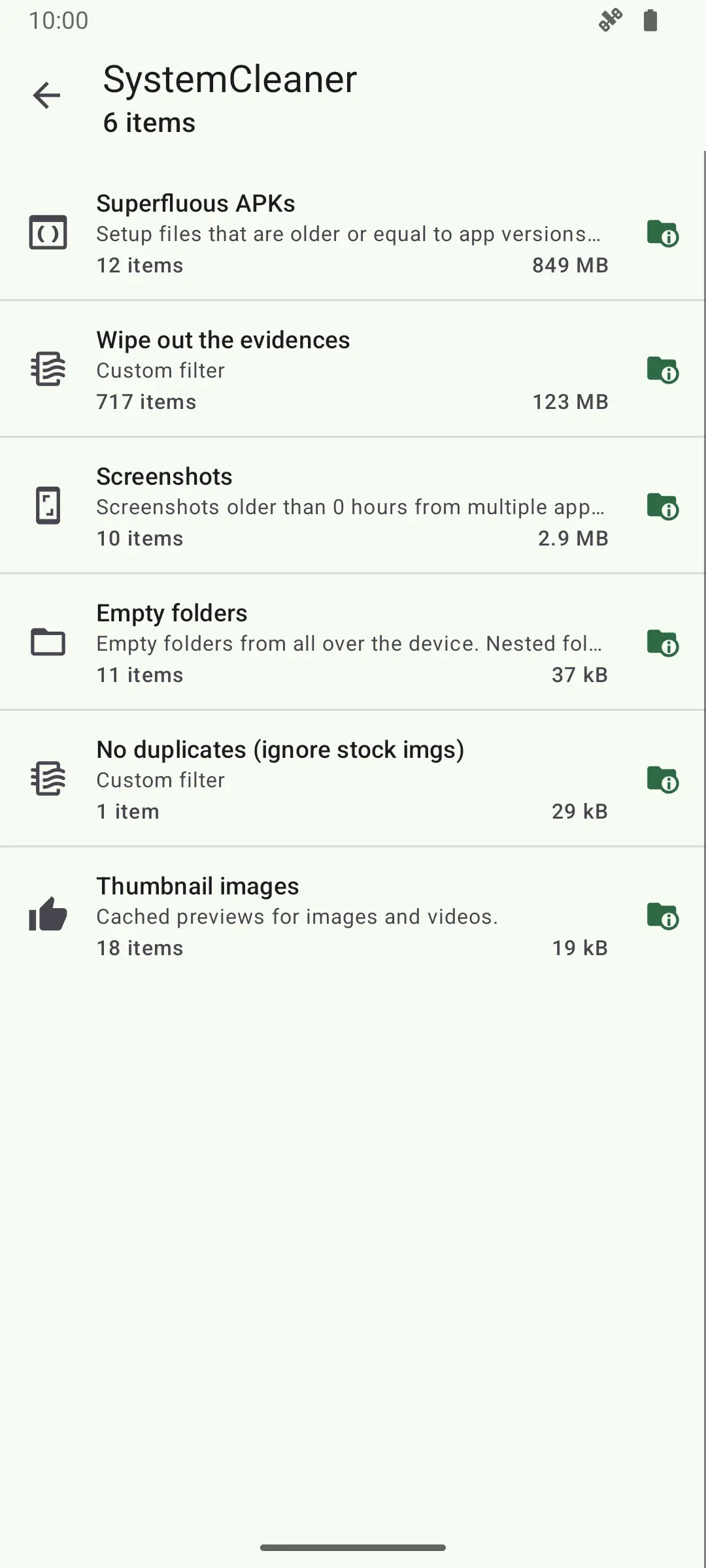 SD Maid SE SystemCleaner showing filter matches such as empty folders and thumbnail caches