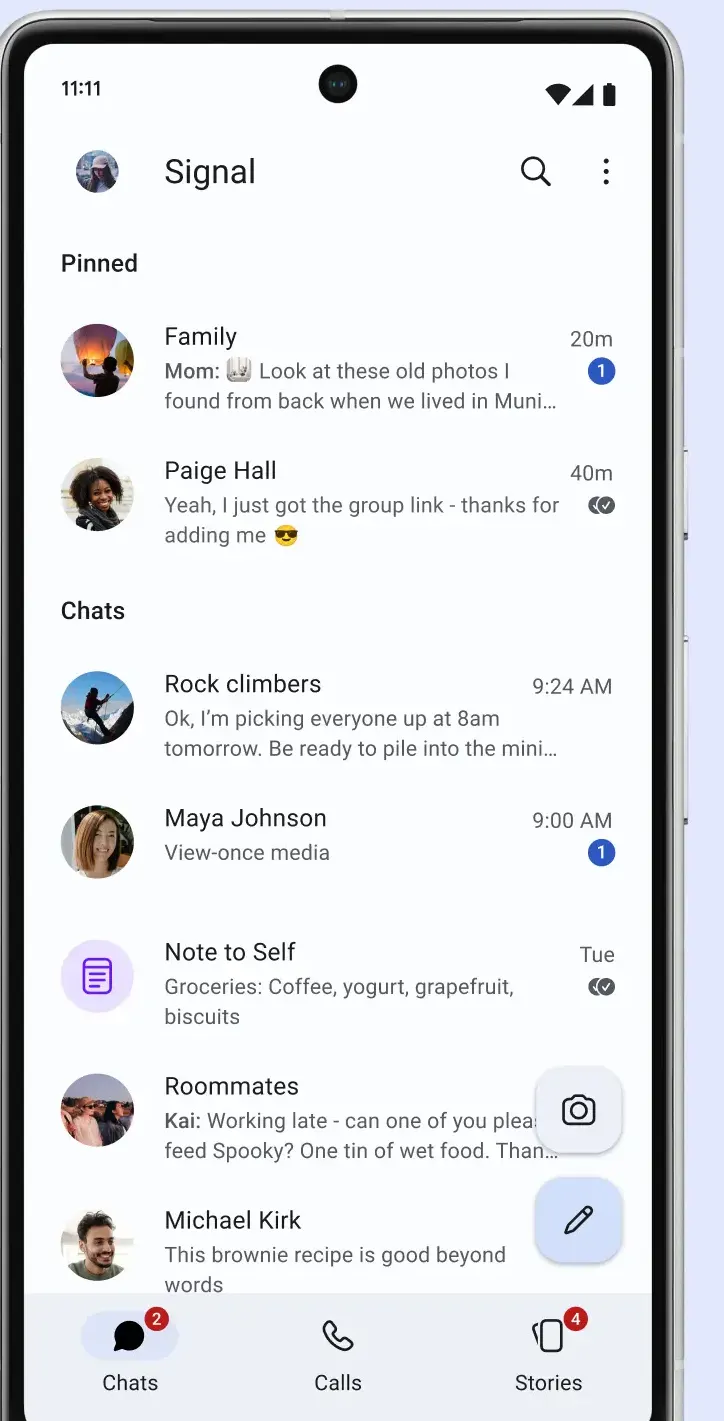Signal chat list in light theme with pinned and recent conversations, unread badges, and Chats, Calls and Stories tabs at the bottom.