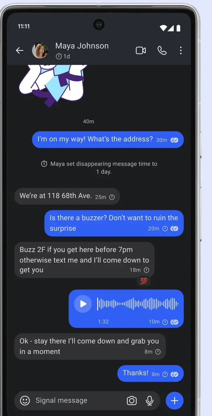 Dark conversation screen with text bubbles, a disappearing message notice, a voice note with waveform, and the message input bar.