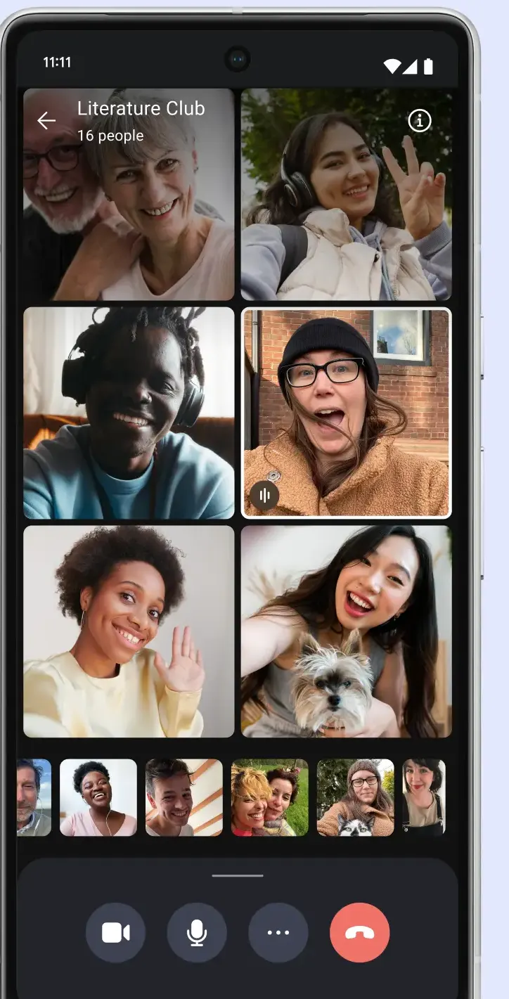 Group video call screen titled Literature Club with 16 people, eight participant tiles, and camera, mic, more and end call buttons.