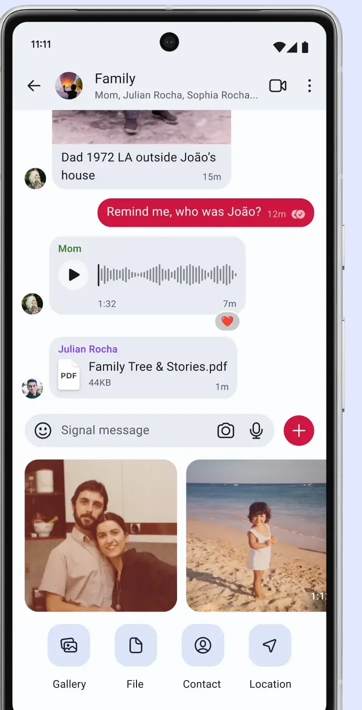 Group chat with a voice note, a PDF attachment and an open attachment tray offering Gallery, File, Contact and Location.