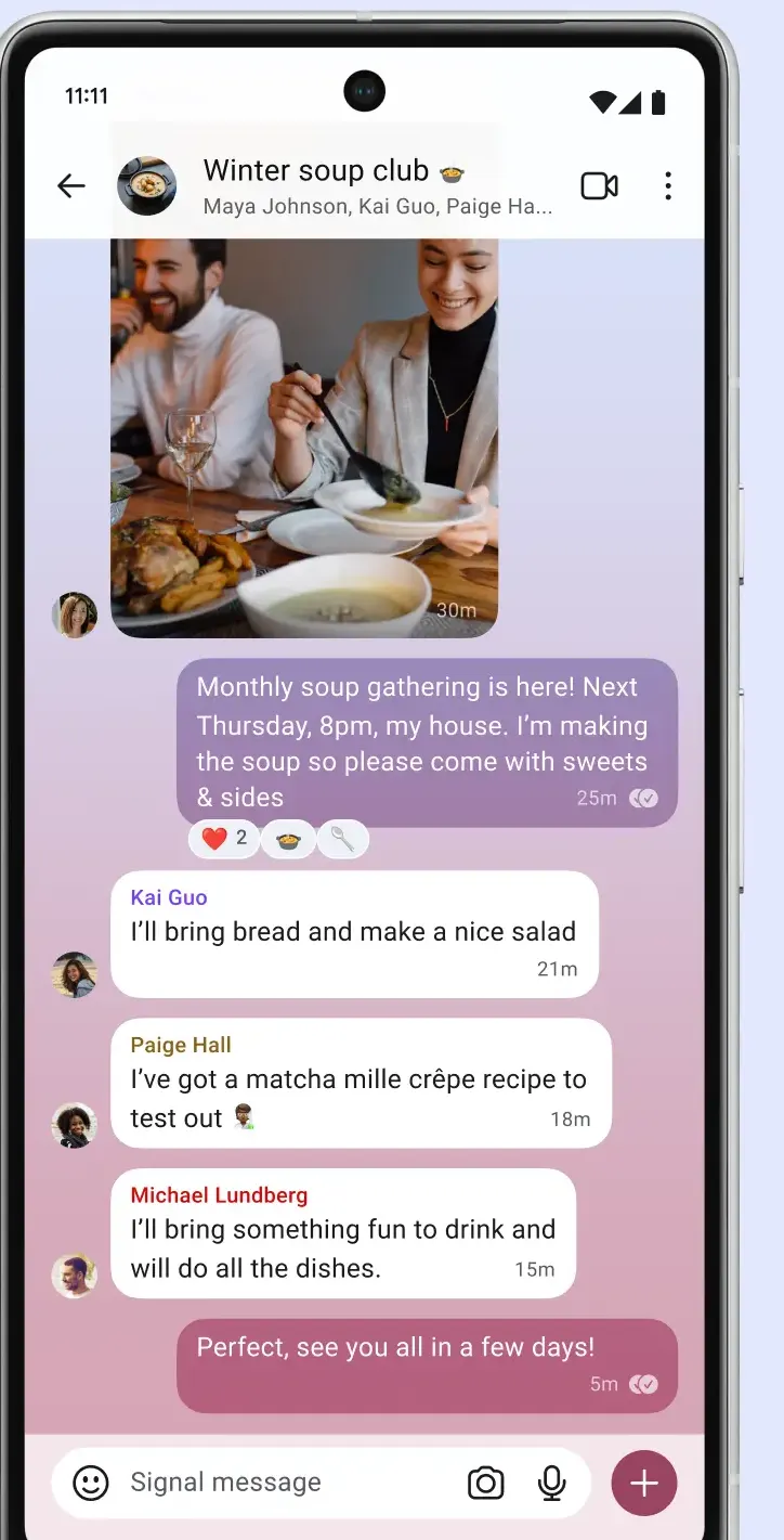 Group chat named Winter soup club with a shared photo, emoji reactions on a message, replies from members, and the input bar.