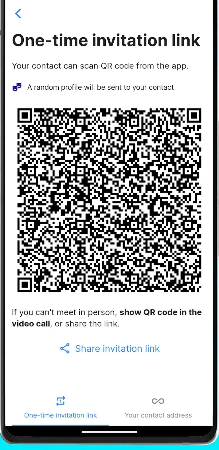 SimpleX one-time invitation screen with a large QR code, a Share invitation link button, and tabs for link and contact address.