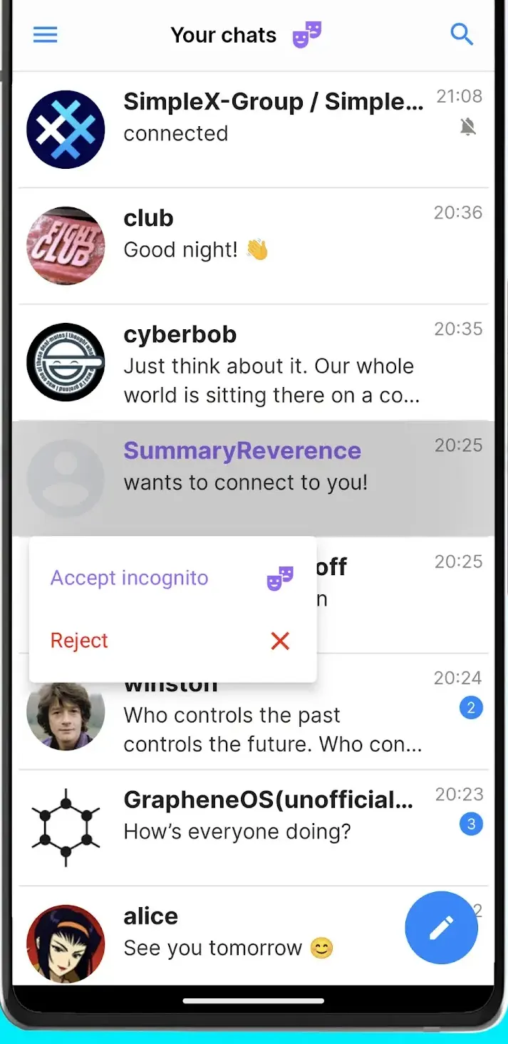SimpleX chat list with contact names and message previews, and an open menu offering Accept incognito or Reject.