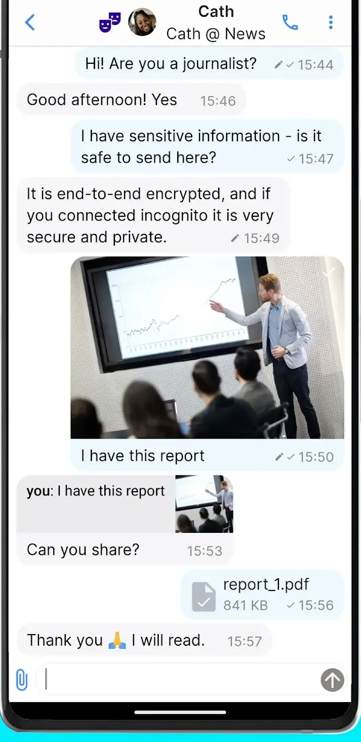 SimpleX one-to-one chat with text bubbles, a shared photo, a quoted reply, and a PDF file attachment card.