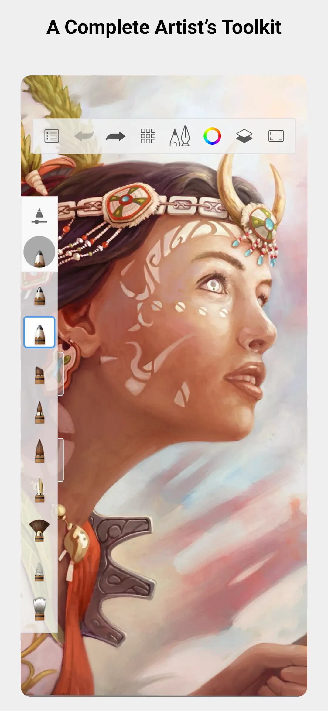 Sketchbook canvas with a painted portrait, the top tool bar visible and the vertical brush palette open along the left edge