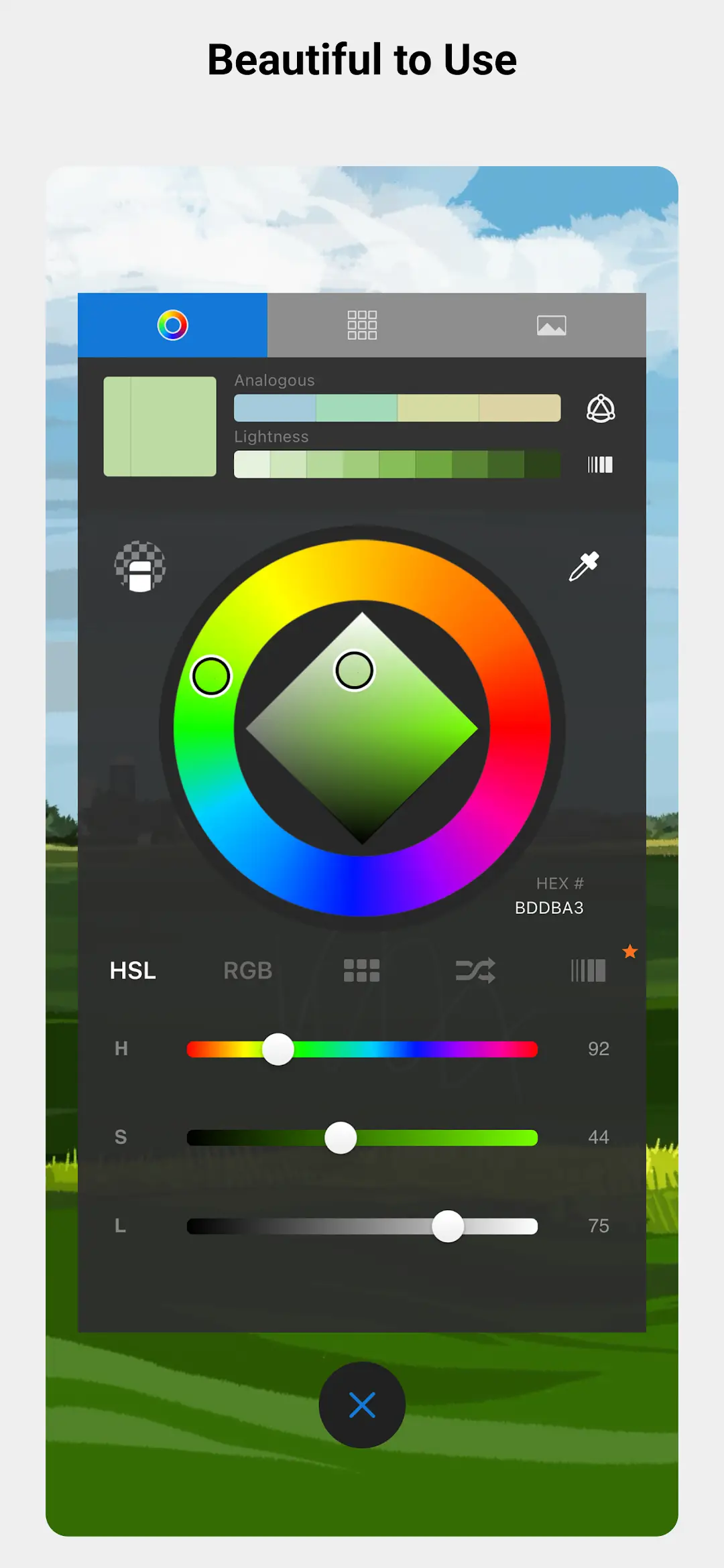 Colour editor panel with HSL wheel, analogous swatches, hex value BDDBA3 and H, S and L sliders over a green landscape drawing