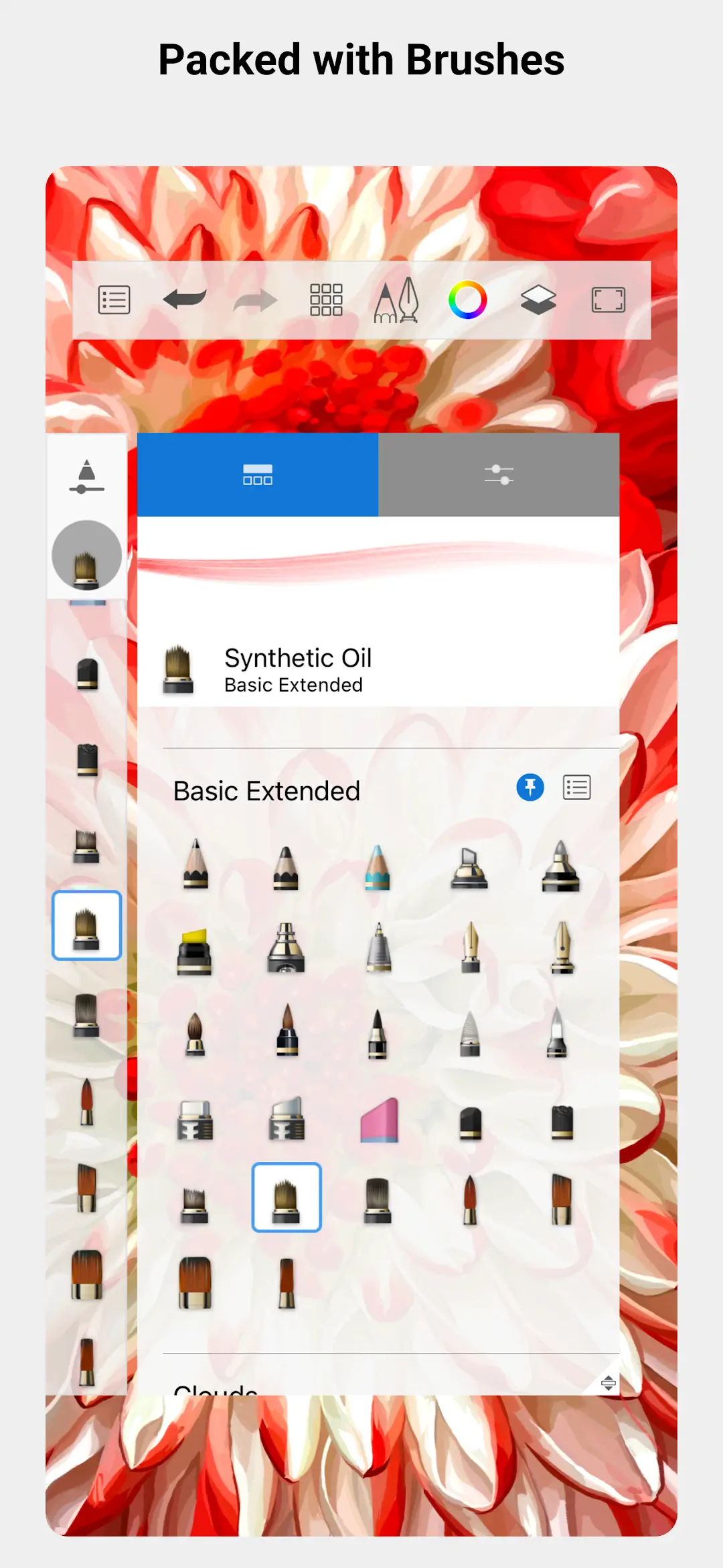 Brush library open over a red flower painting, showing the Synthetic Oil brush selected inside the Basic Extended brush grid