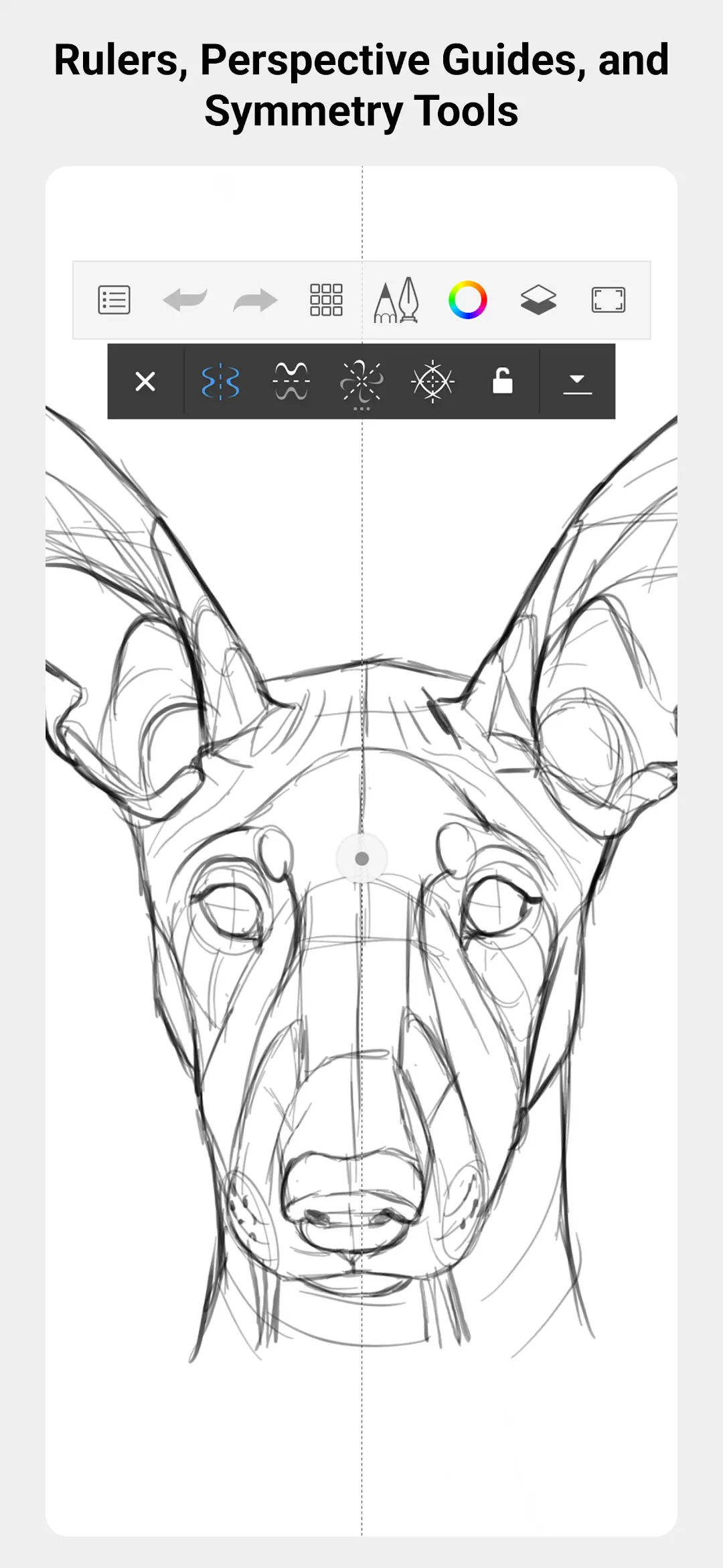 Pencil drawing of a dog's head with a vertical symmetry guide down the centre and the symmetry tool bar above the canvas