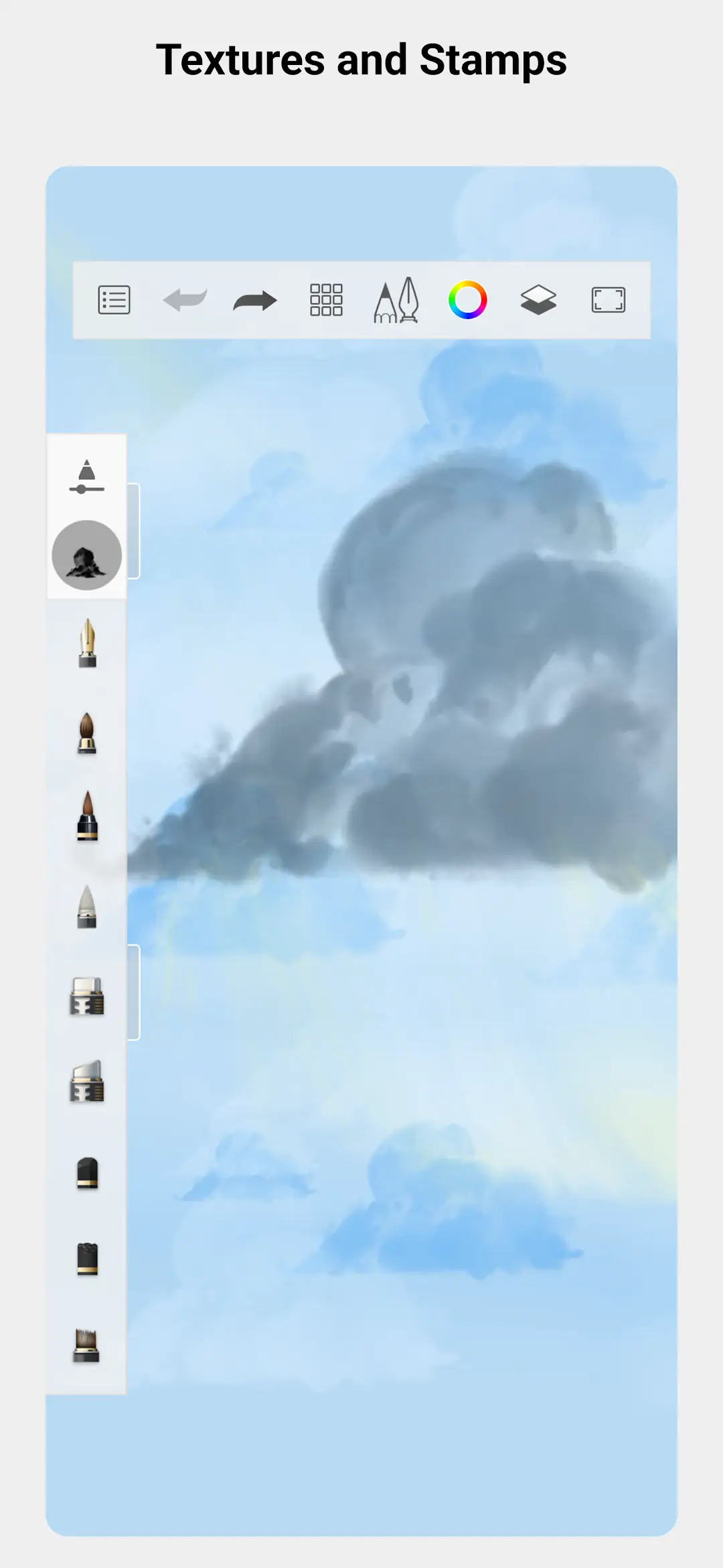 Painted sky with cloud shapes on the canvas and the brush palette down the left side with a stamp brush selected