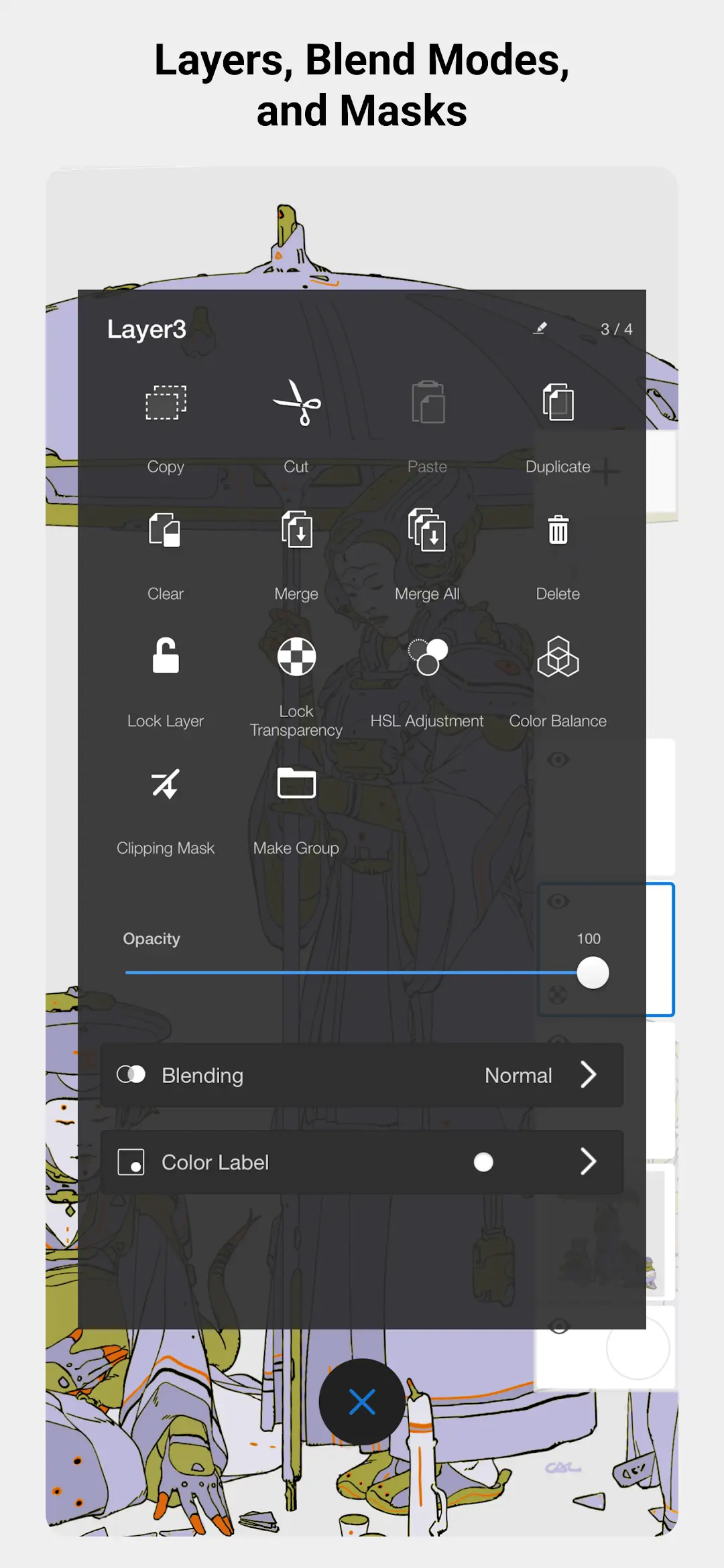 Layer3 options overlay showing Copy, Cut, Merge, Lock Layer and HSL Adjustment buttons, opacity 100 and Blending set to Normal