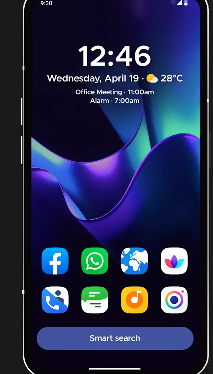 Phone home screen with a 12:46 clock, date and weather, two agenda lines, eight app icons and a Smart search bar.